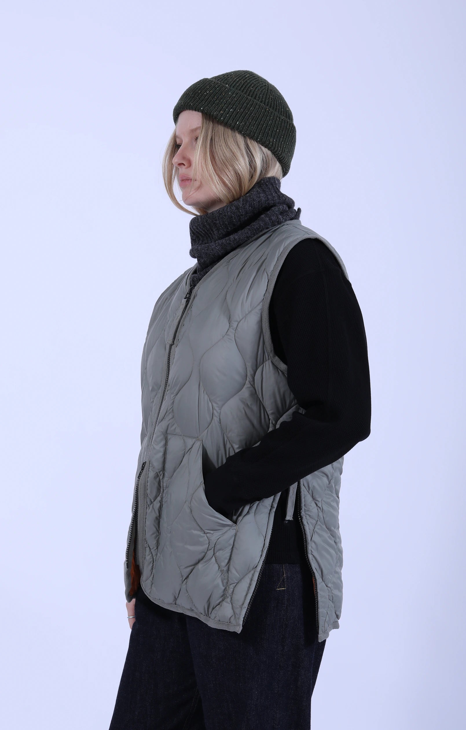 Military V Neck Zip Down Vest Dark Sage