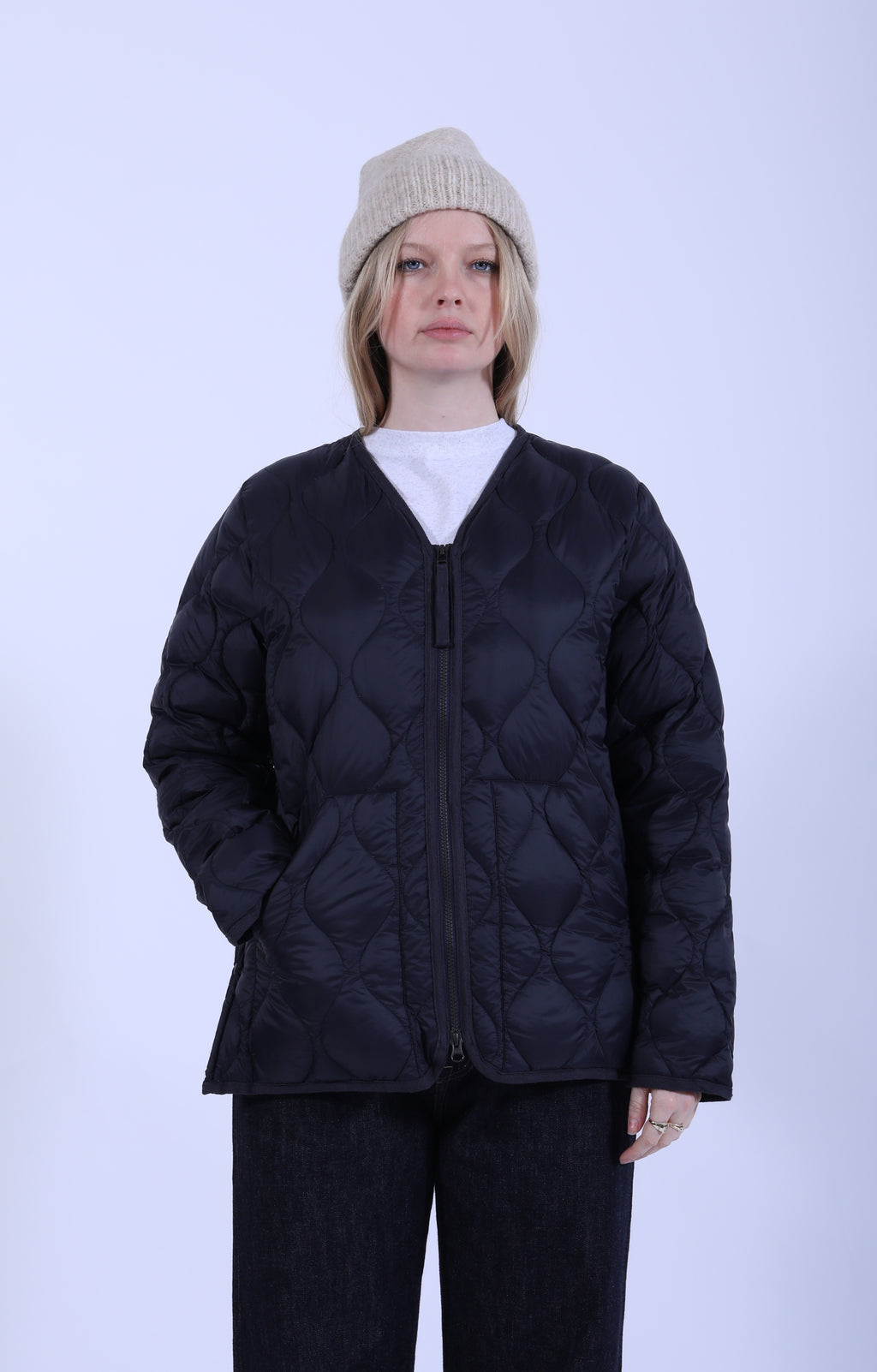 Military V Neck Zip Down Jacket Dark Navy