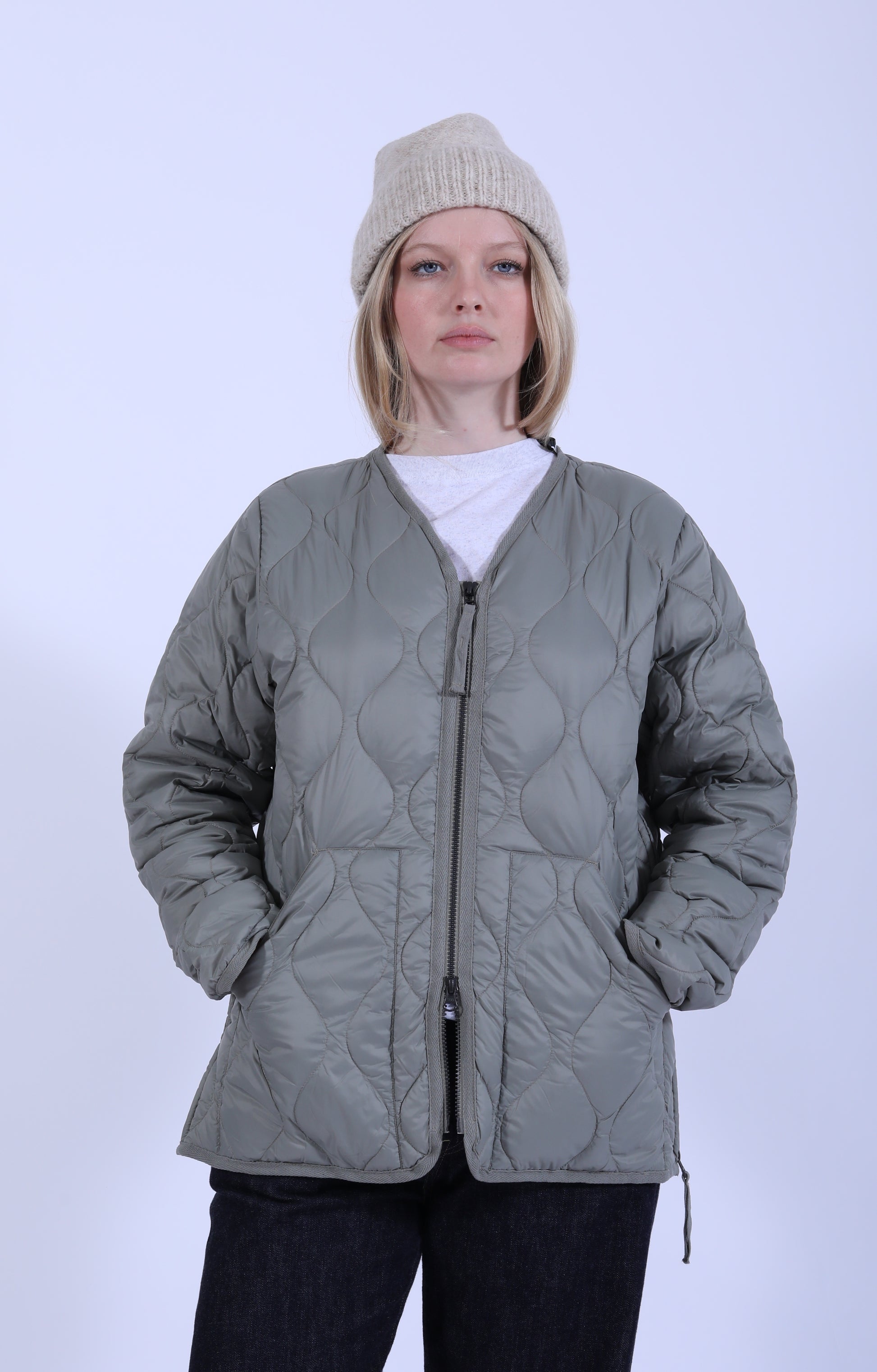 Military V Neck Zip Down Jacket Dark sage