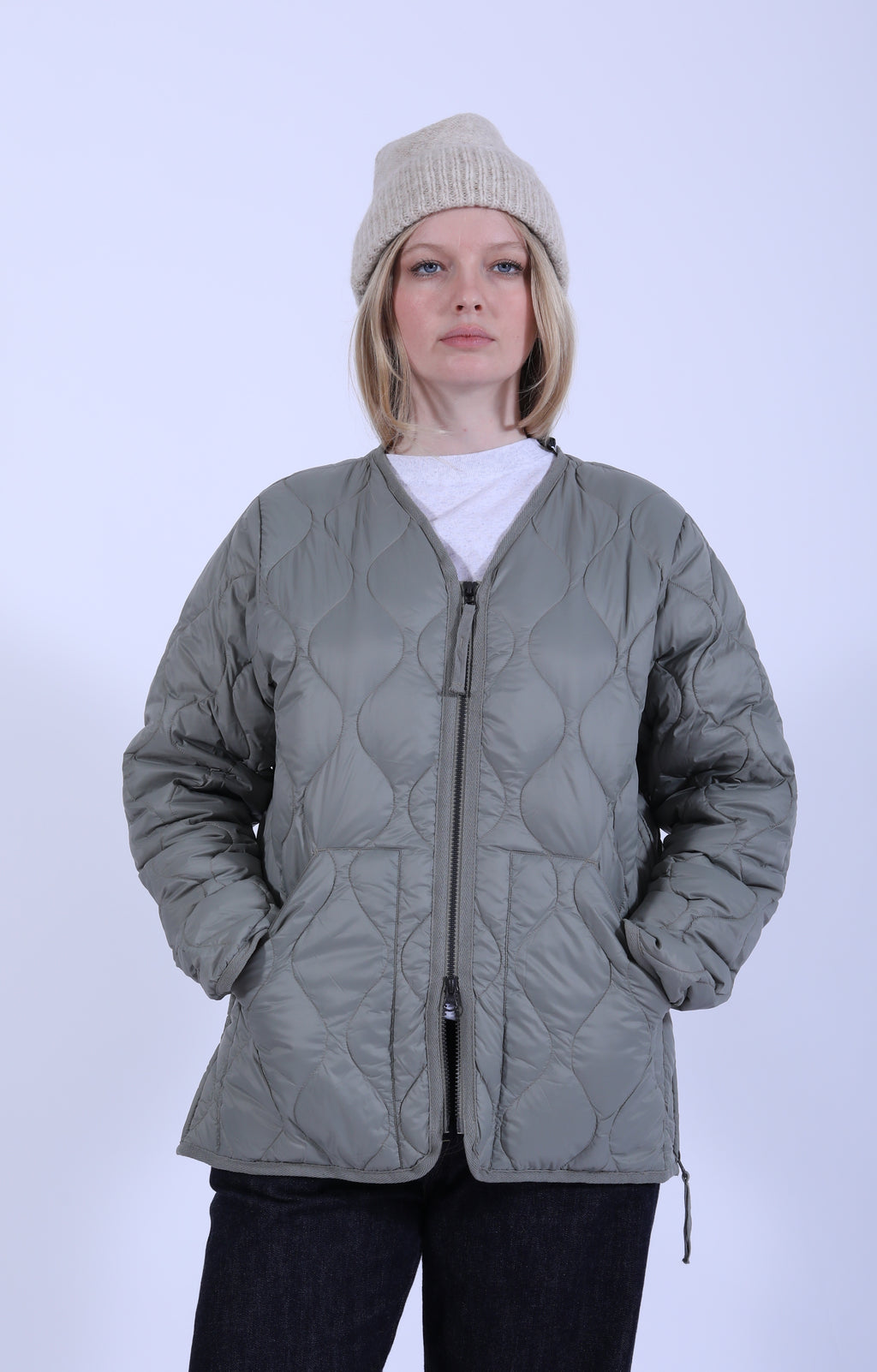 Military V Neck Zip Down Jacket Dark sage