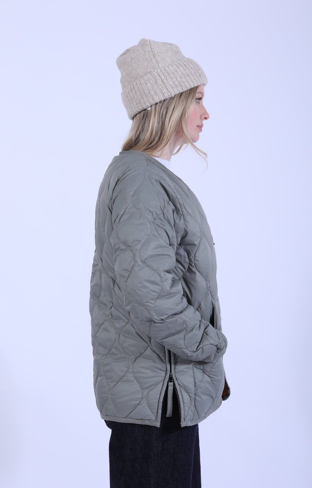 Military V Neck Zip Down Jacket Dark sage