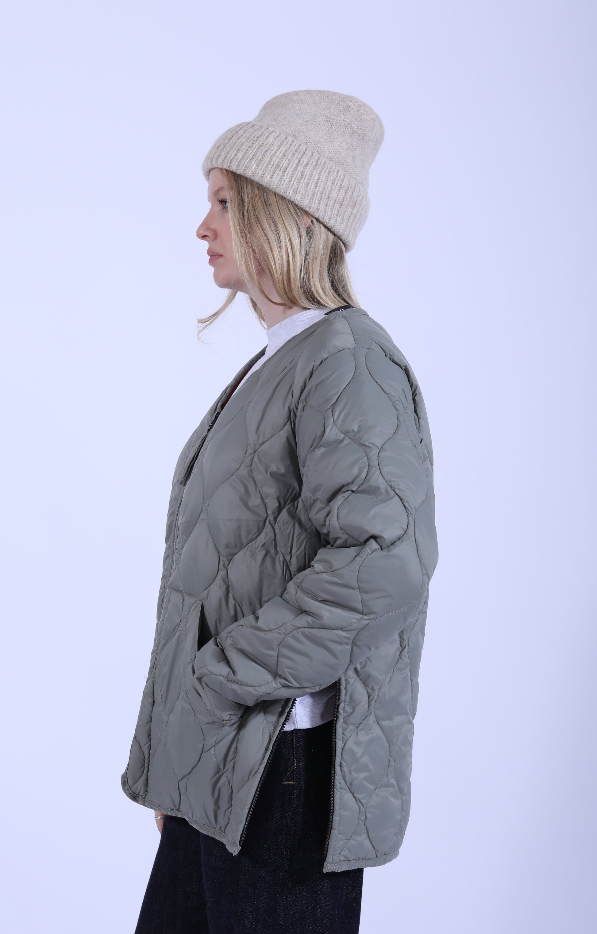 Military V Neck Zip Down Jacket Dark sage