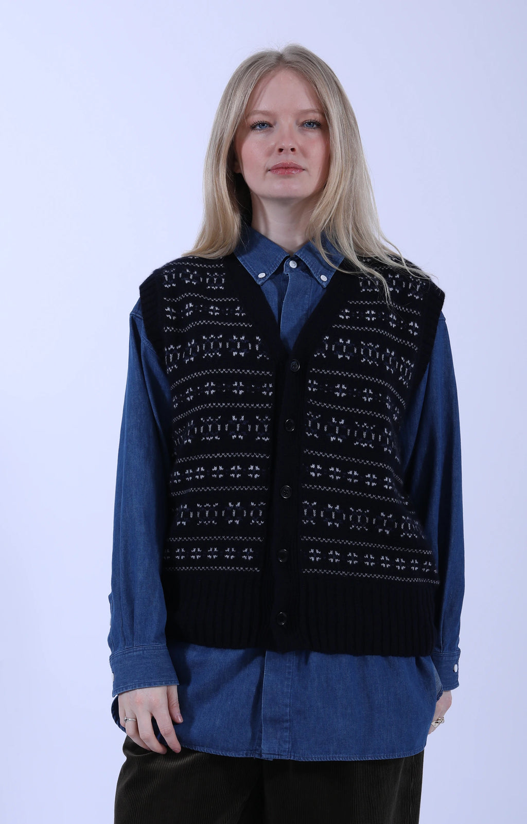 Fair Isle Cardigan Vest Navy