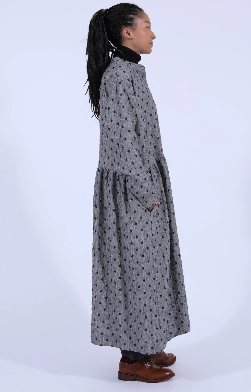 Grey Dot Hidden Buttons Dress