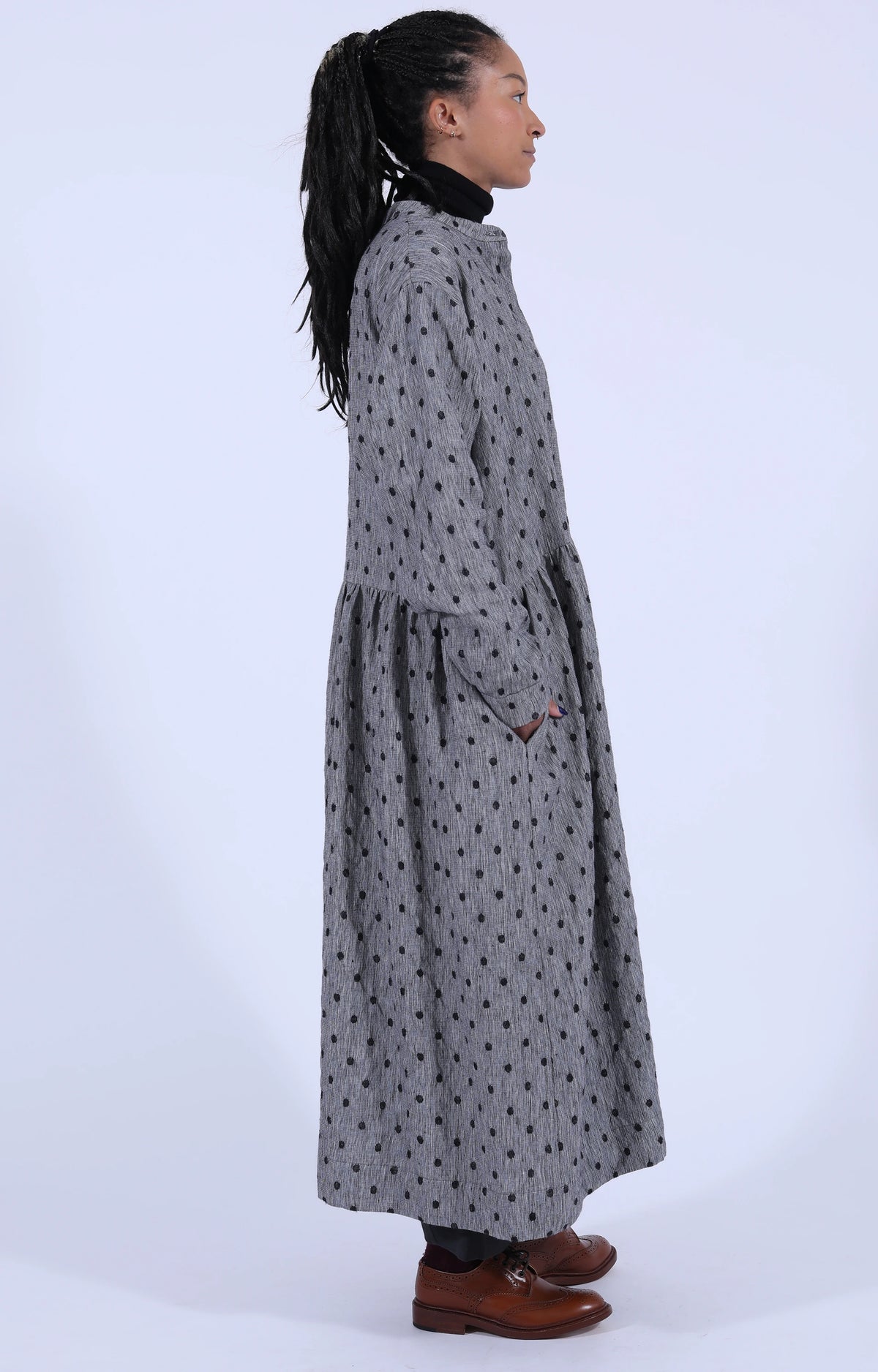 Grey Dot Hidden Buttons Dress