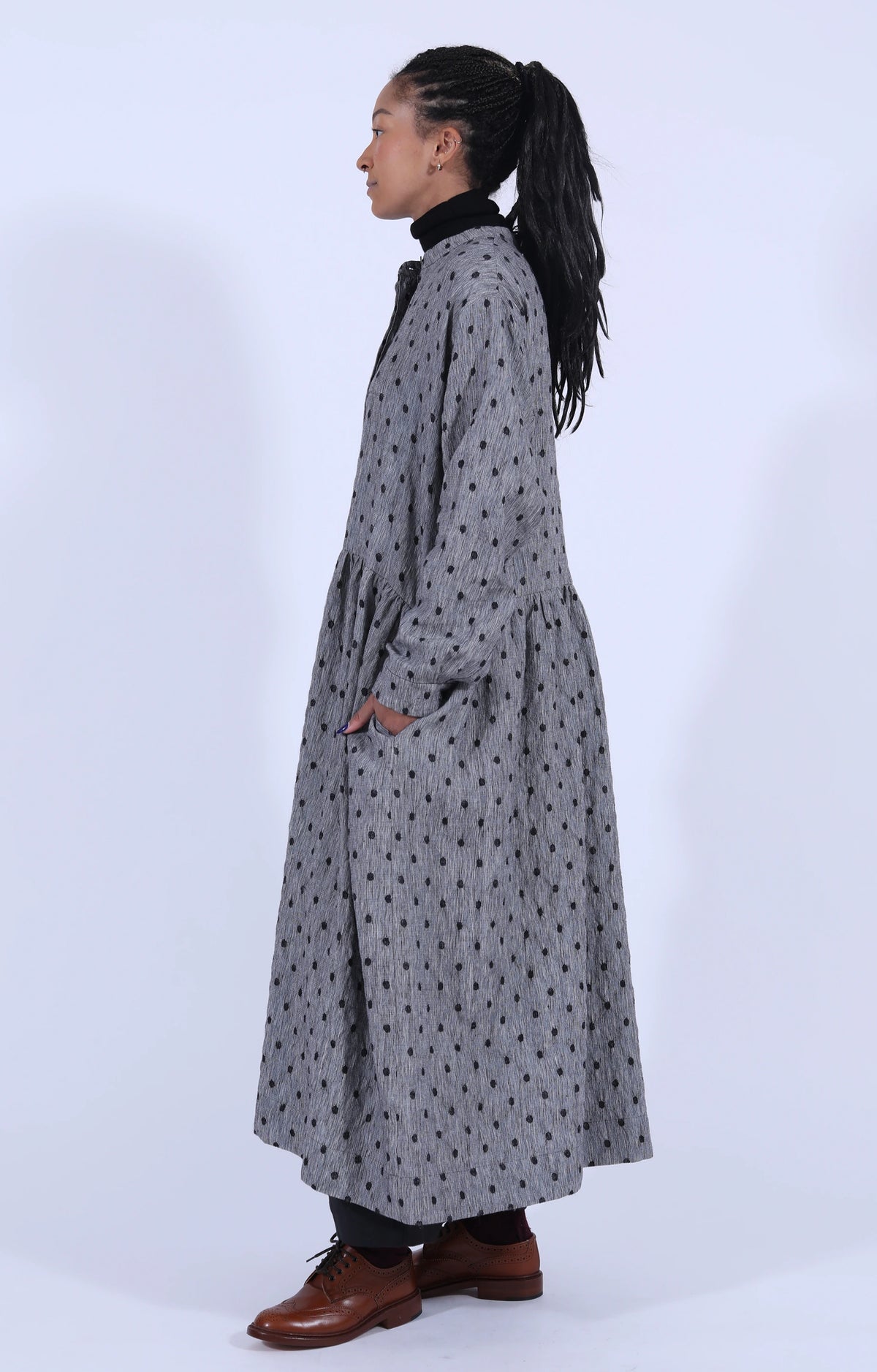 Grey Dot Hidden Buttons Dress