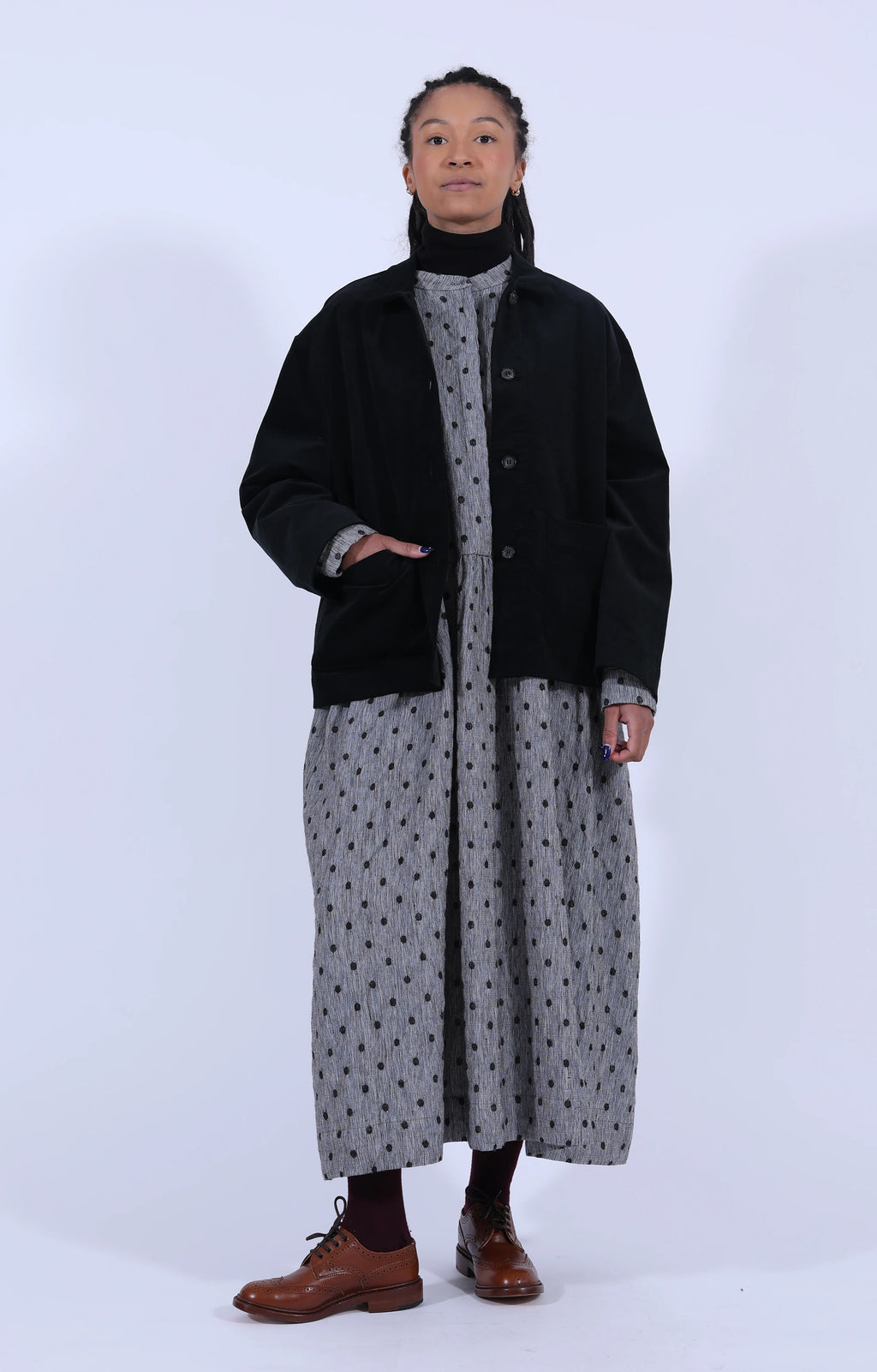 Grey Dot Hidden Buttons Dress