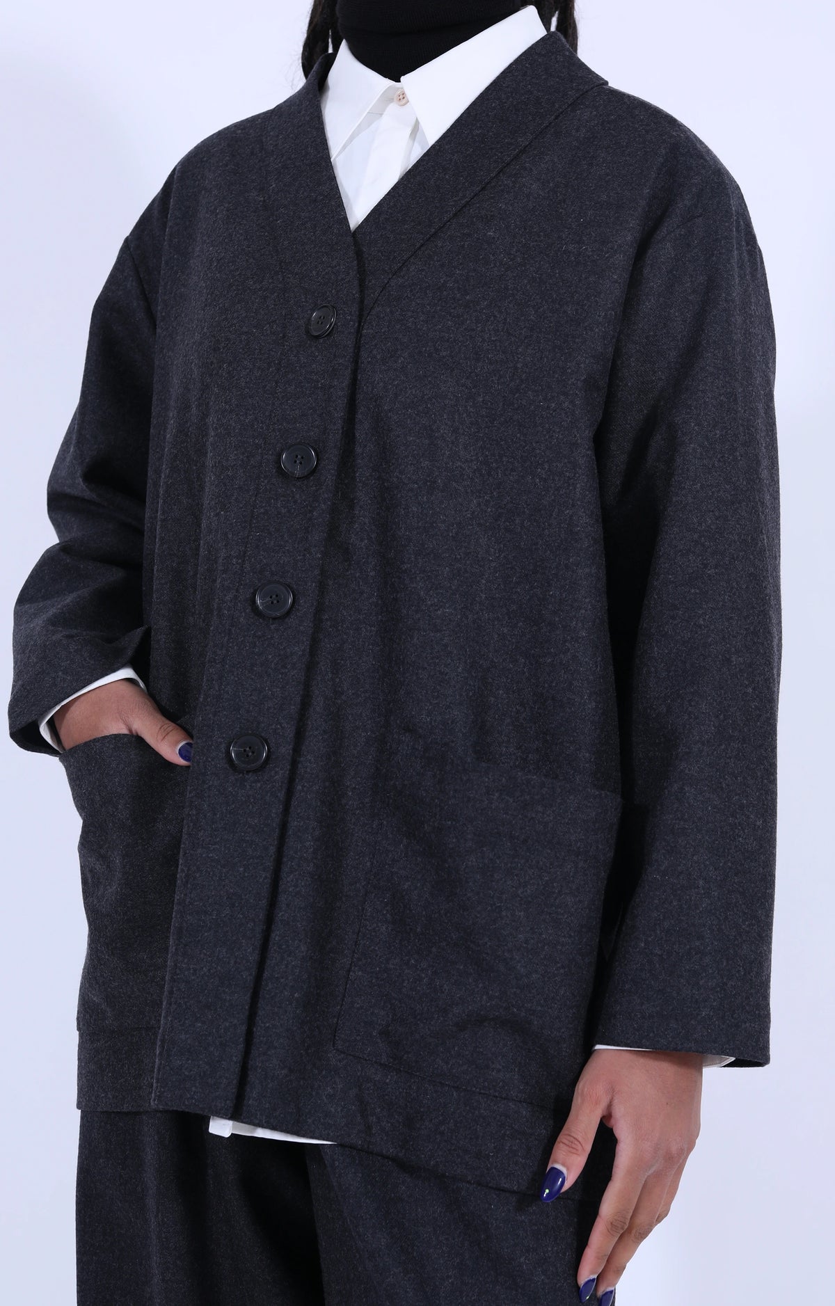 Dark Grey Wool V-Neck Jacket