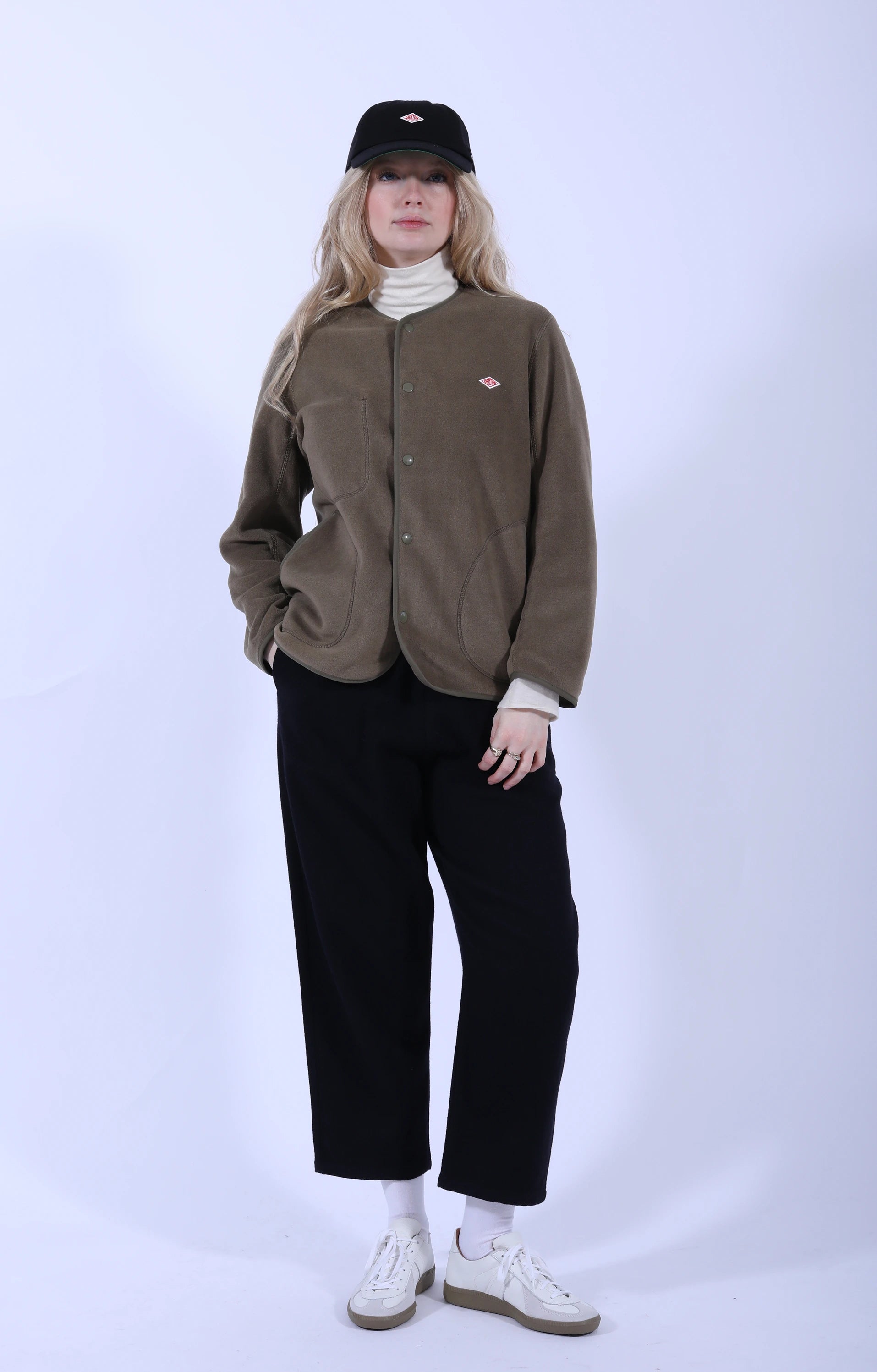 Fleece Collarless Jacket Khaki