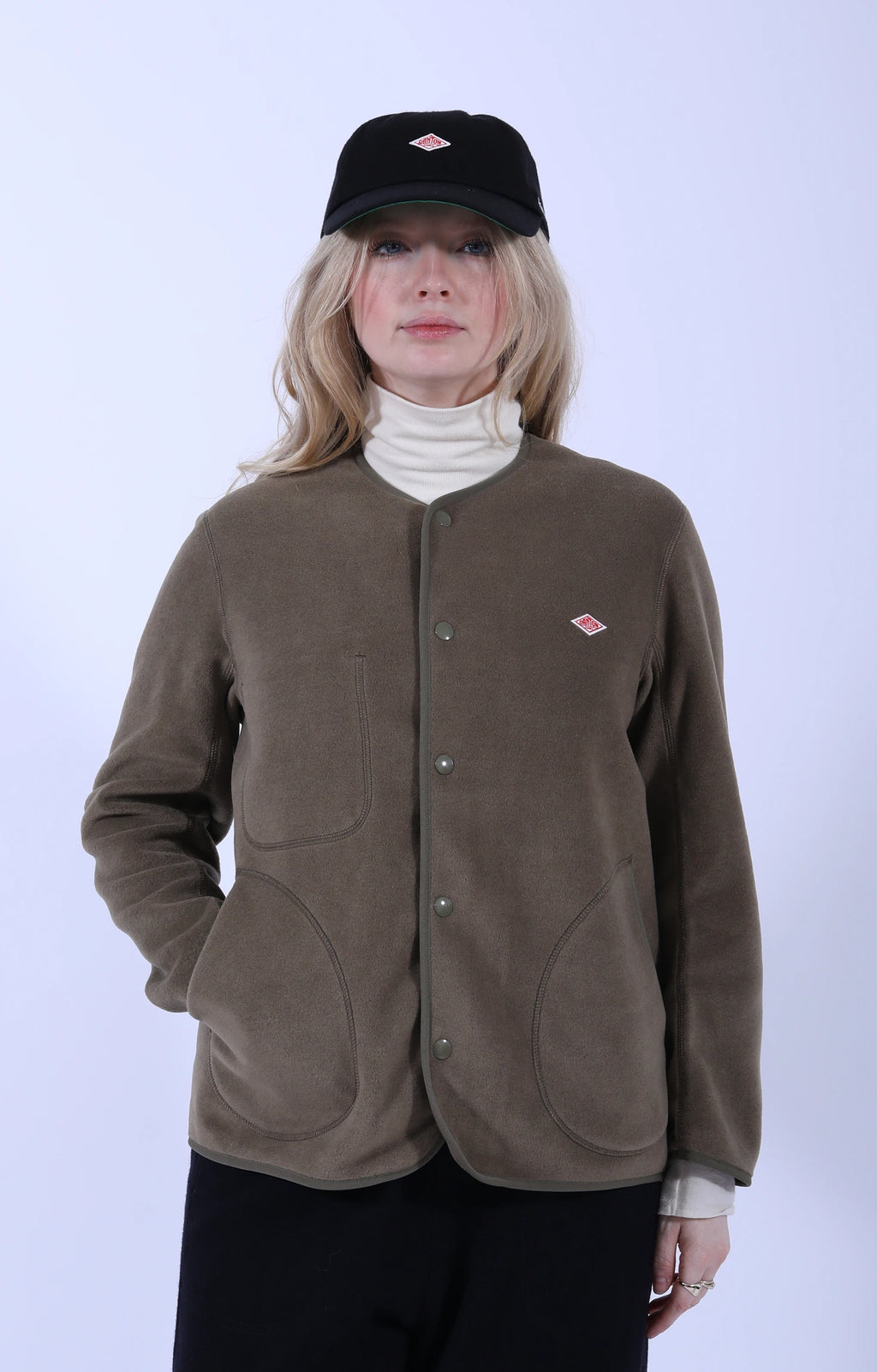 Fleece Collarless Jacket Khaki