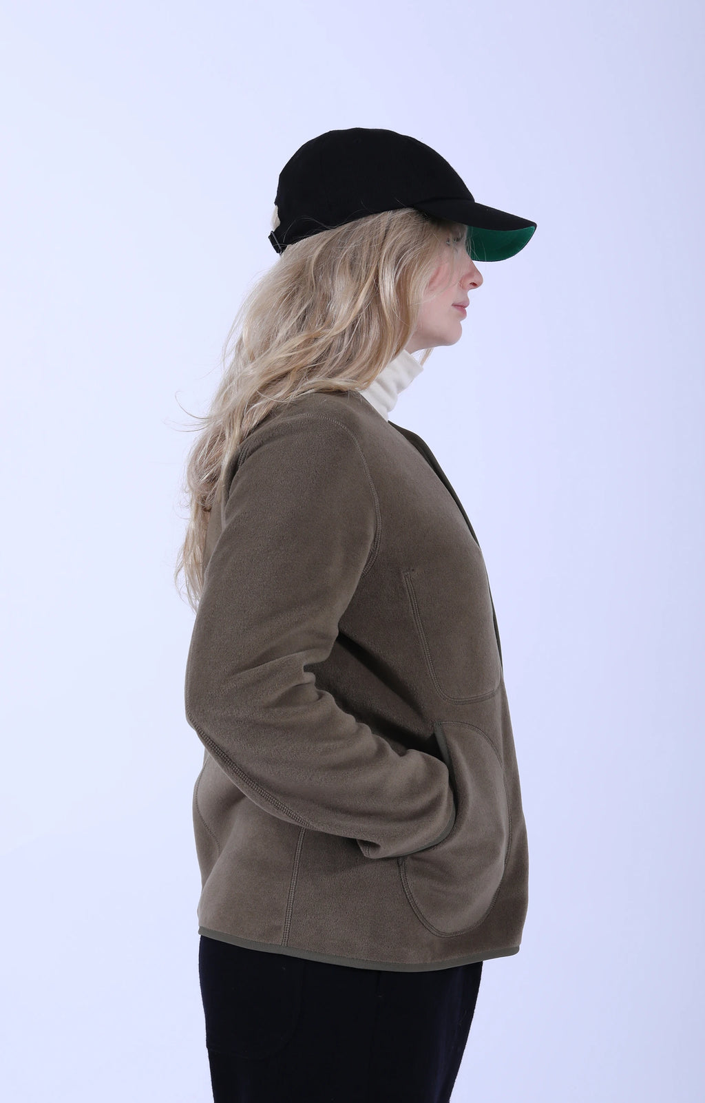 Fleece Collarless Jacket Khaki