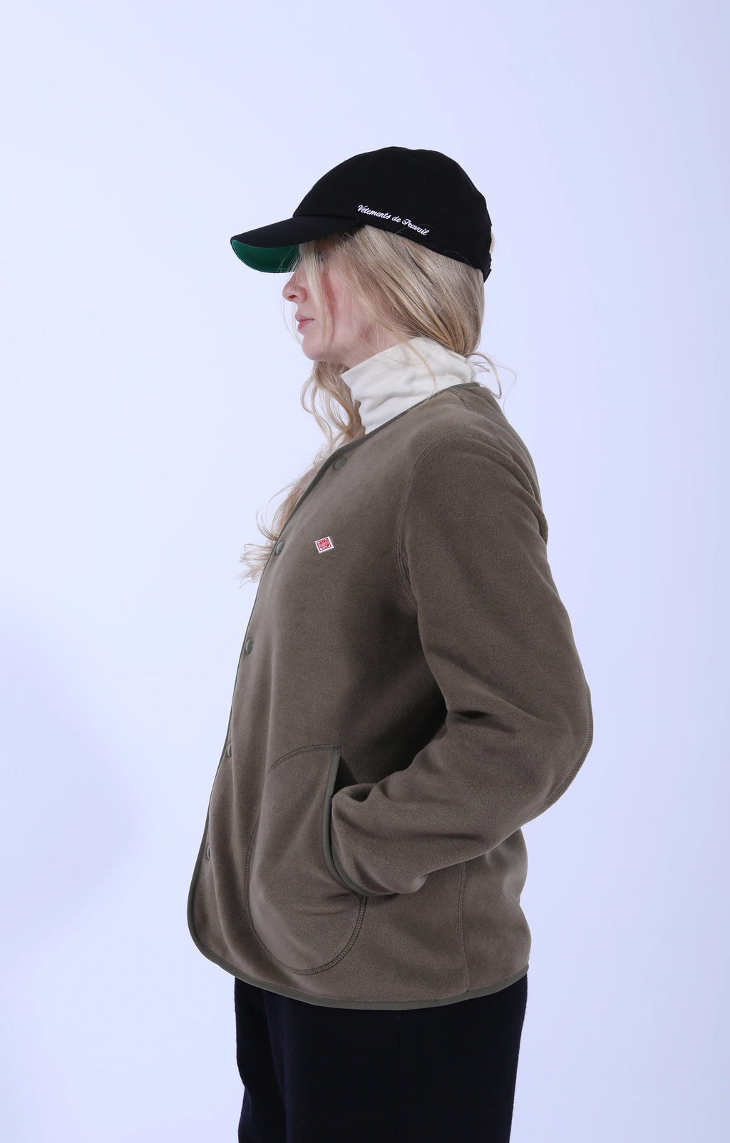 Fleece Collarless Jacket Khaki