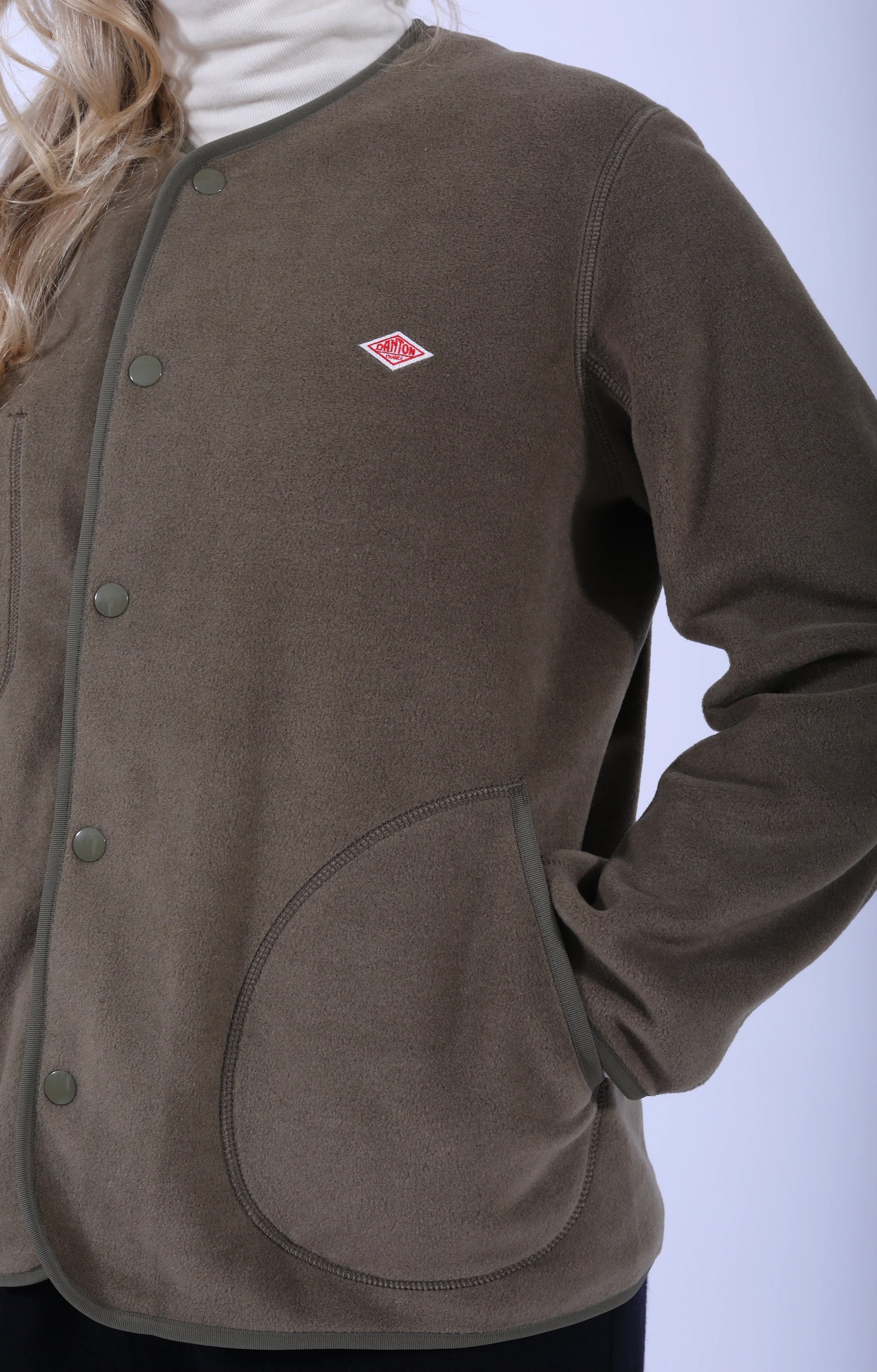 Fleece Collarless Jacket Khaki