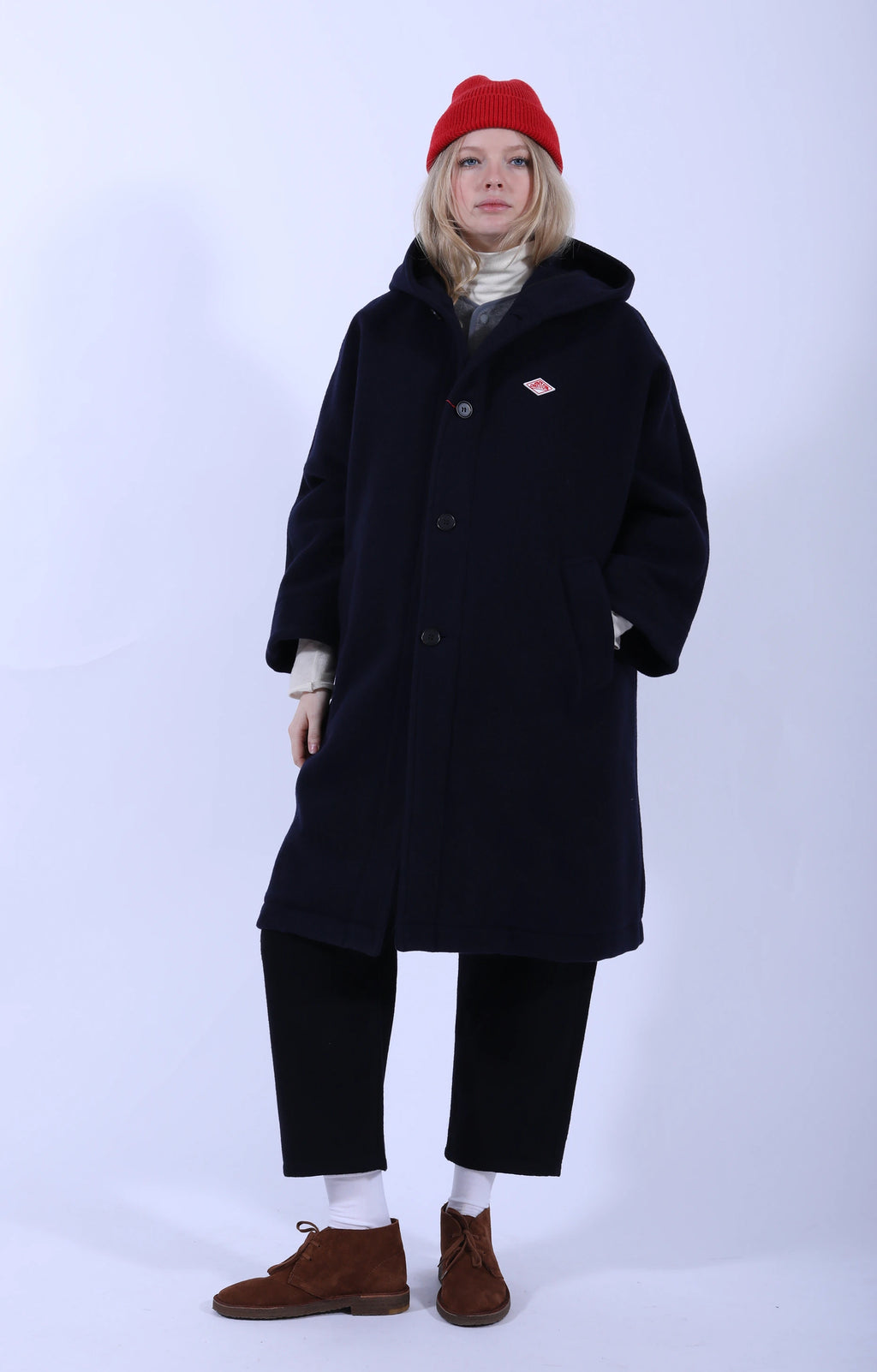 Hooded Long Coat Wool Light Pile Navy