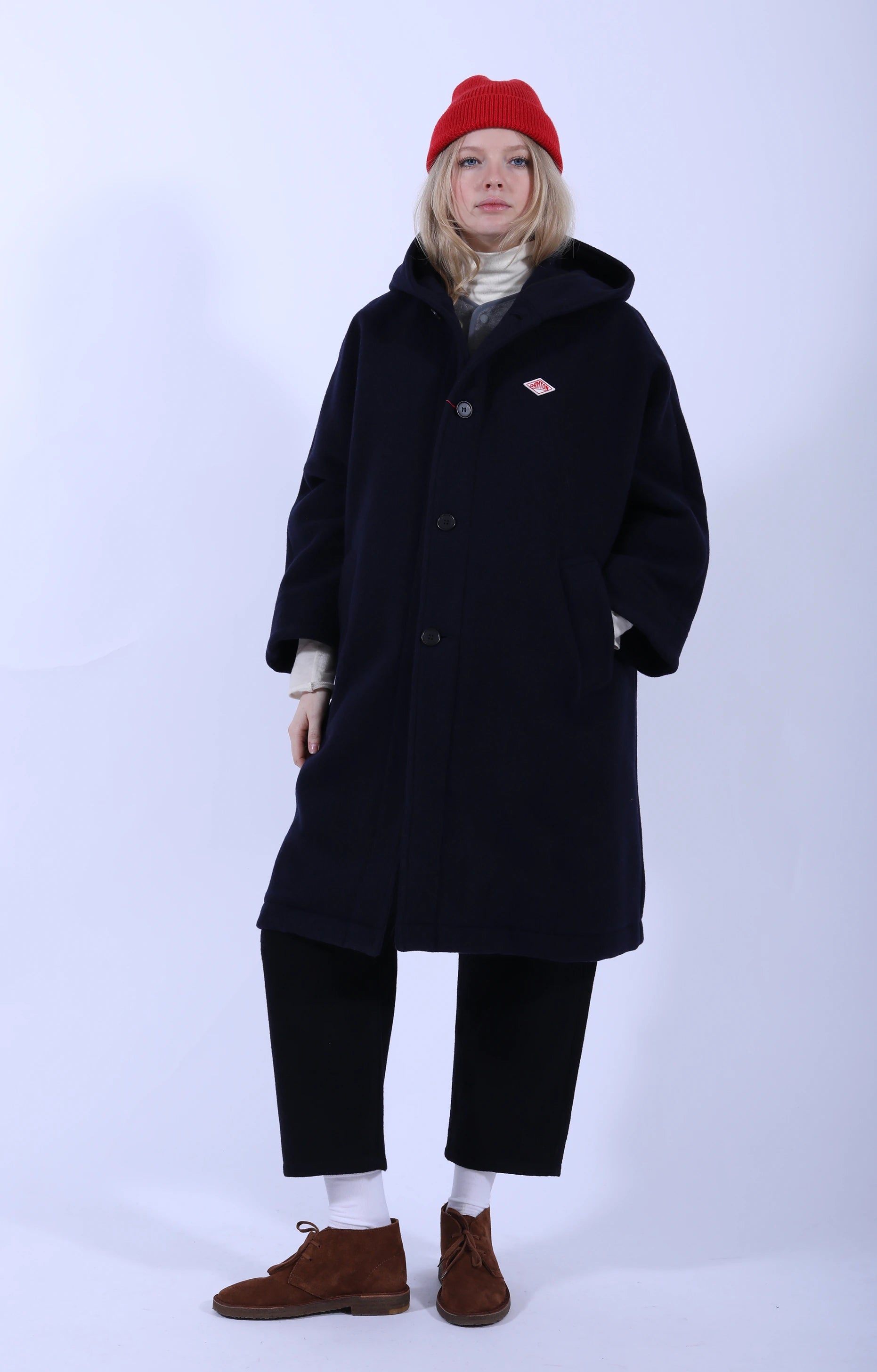 Hooded Long Coat Wool Light Pile Navy