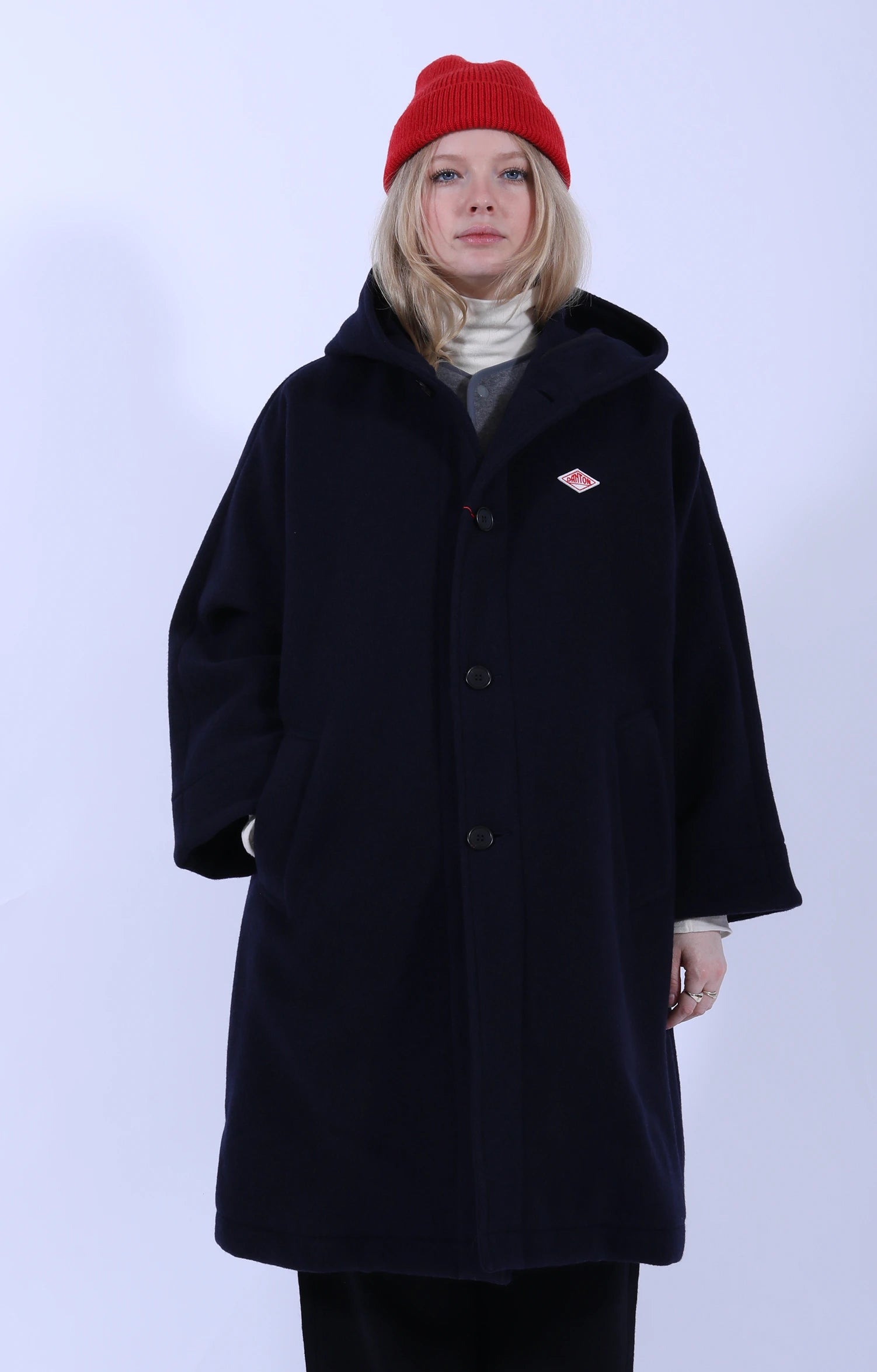 Hooded Long Coat Wool Light Pile Navy