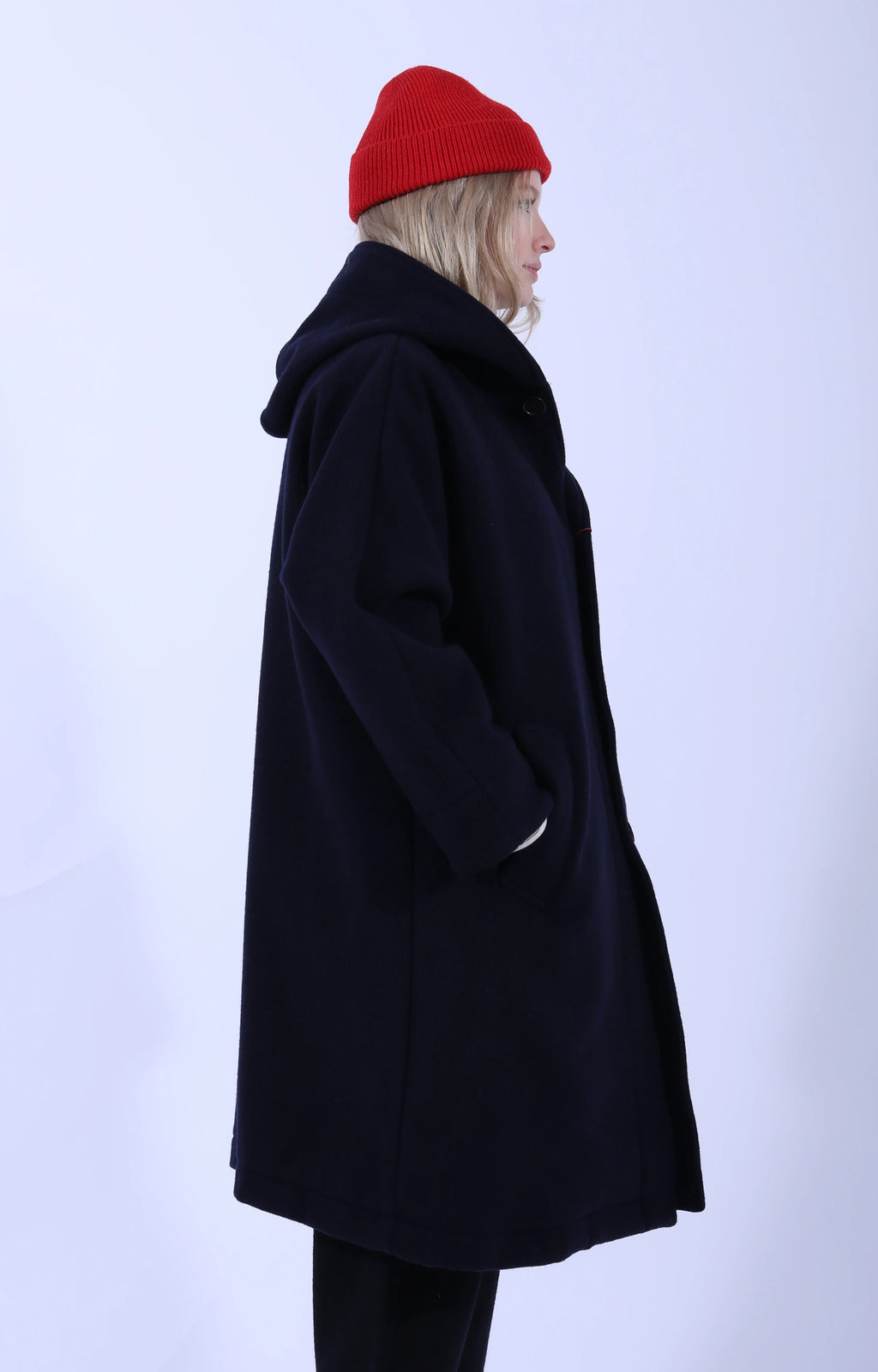 Hooded Long Coat Wool Light Pile Navy