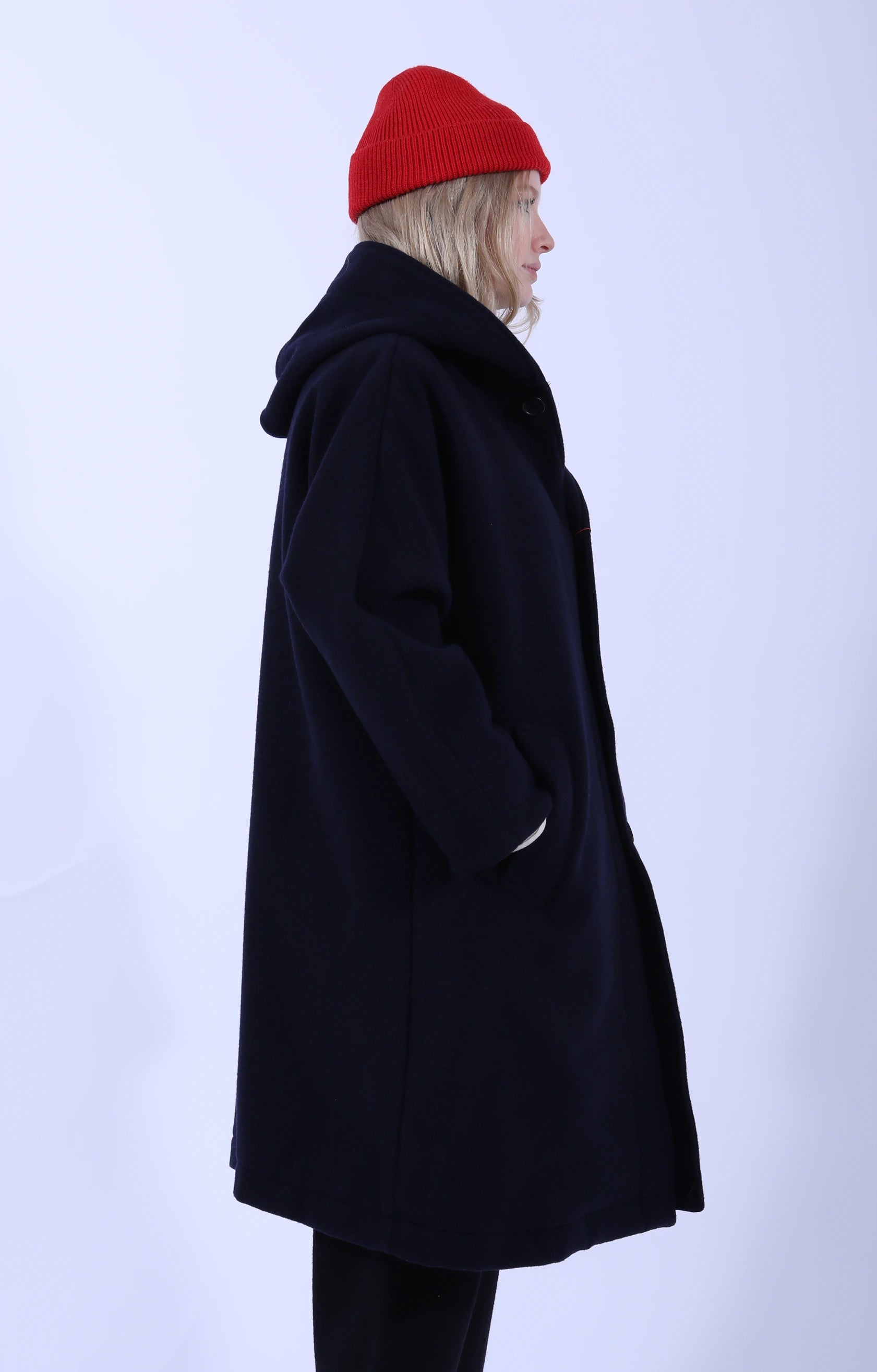 Hooded Long Coat Wool Light Pile Navy