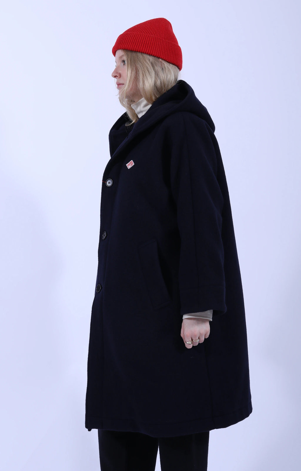 Hooded Long Coat Wool Light Pile Navy