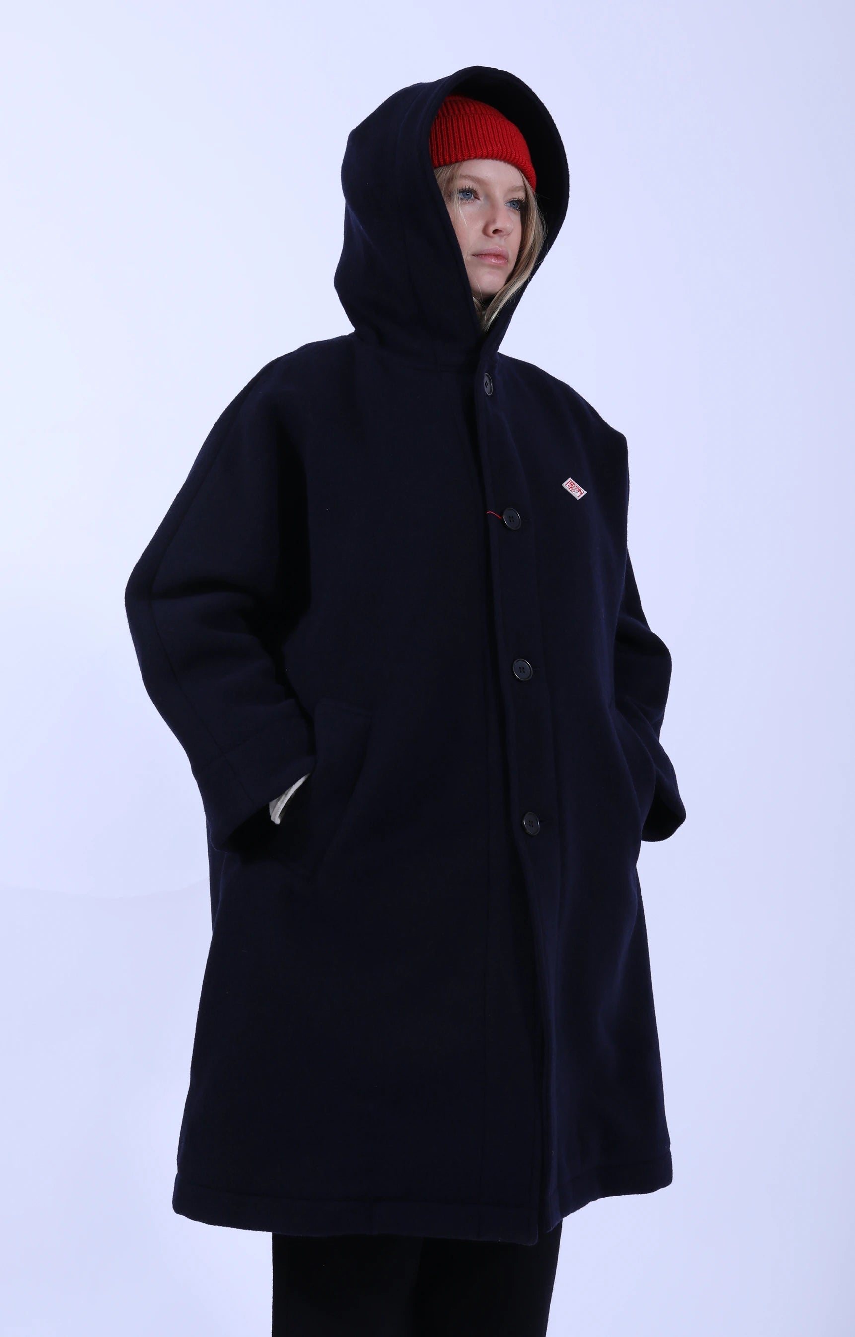Hooded Long Coat Wool Light Pile Navy