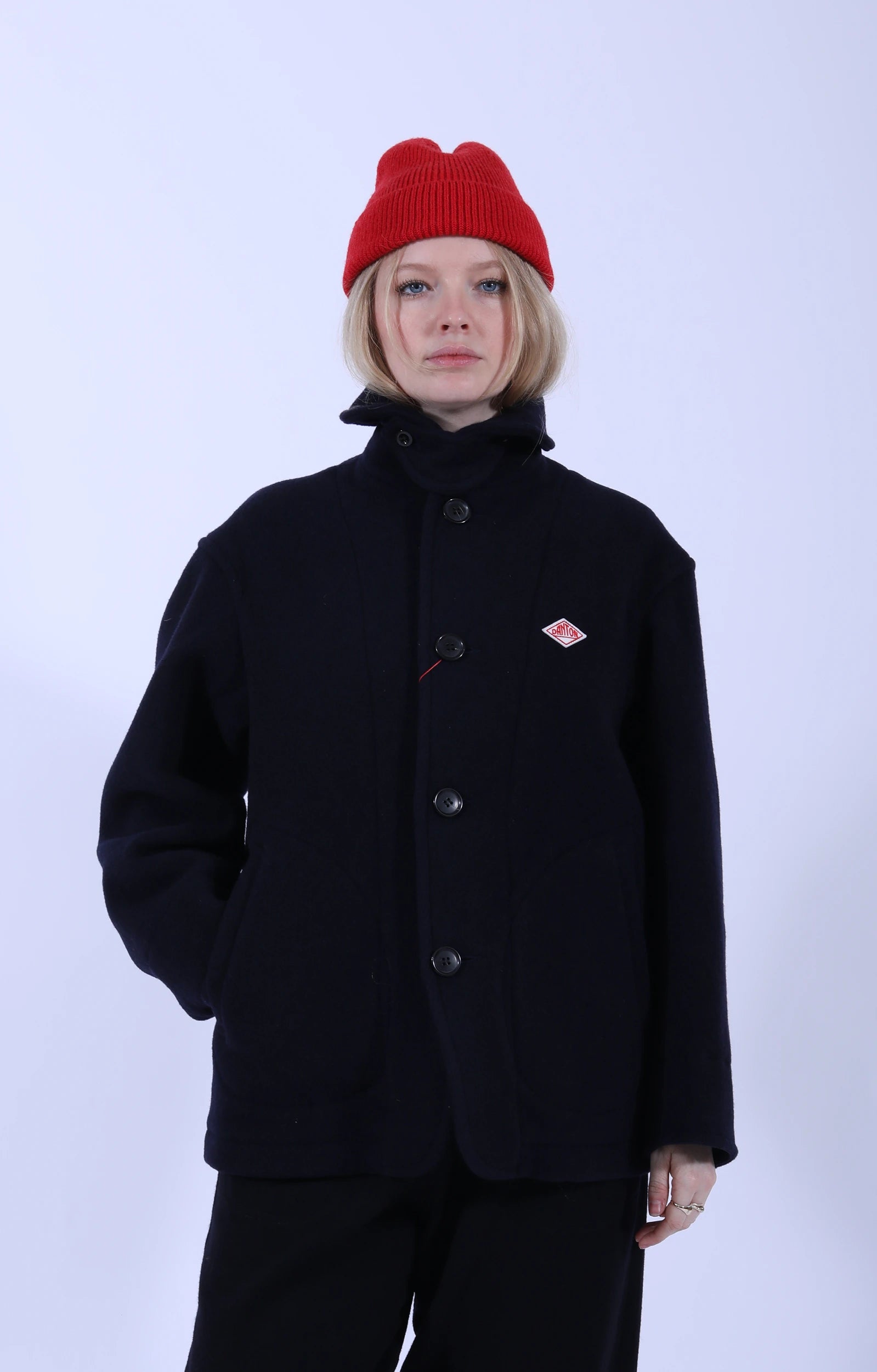 Round Collar Jacket Wool Pile Navy