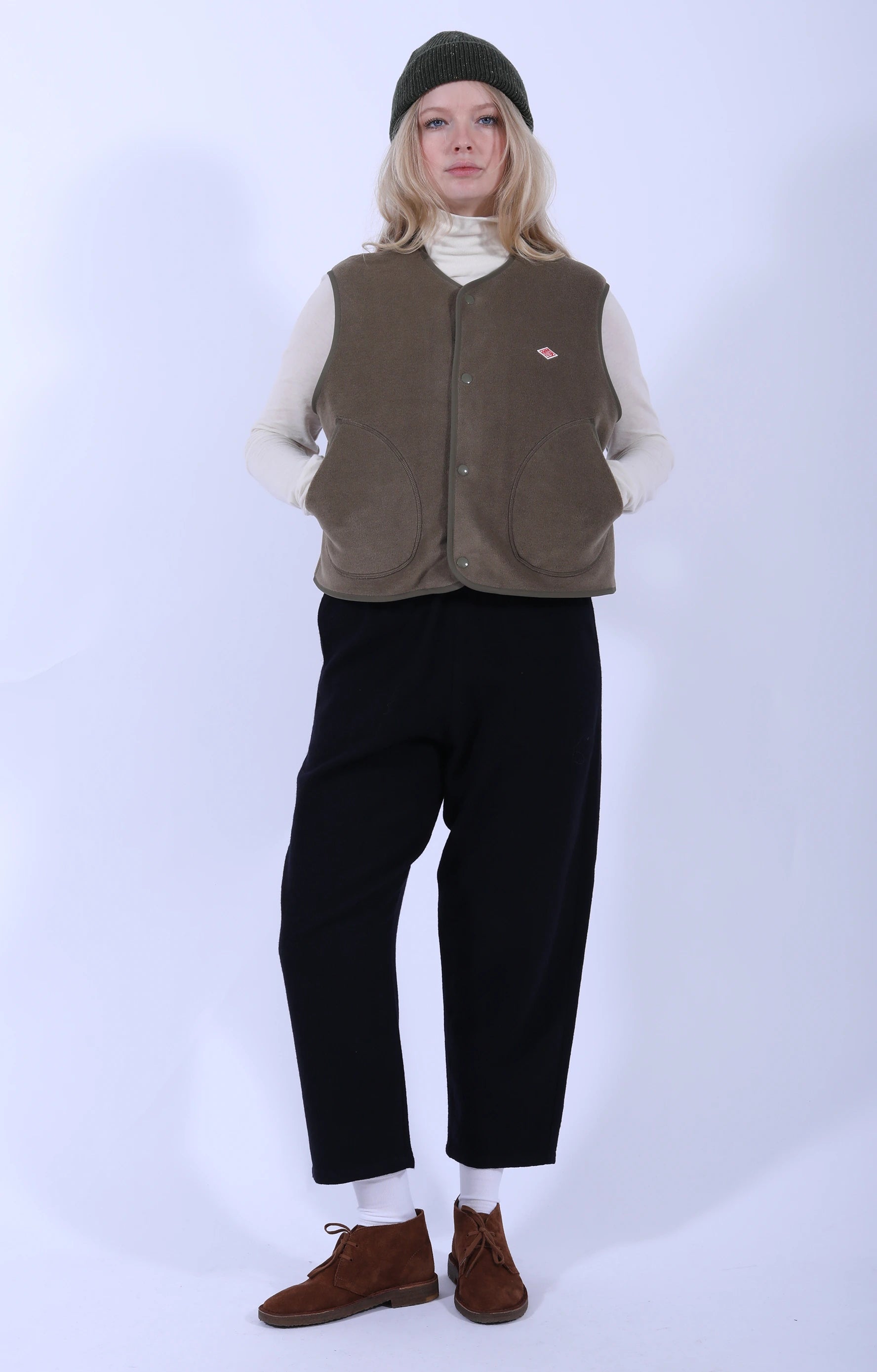 Fleece Collarless Vest Khaki