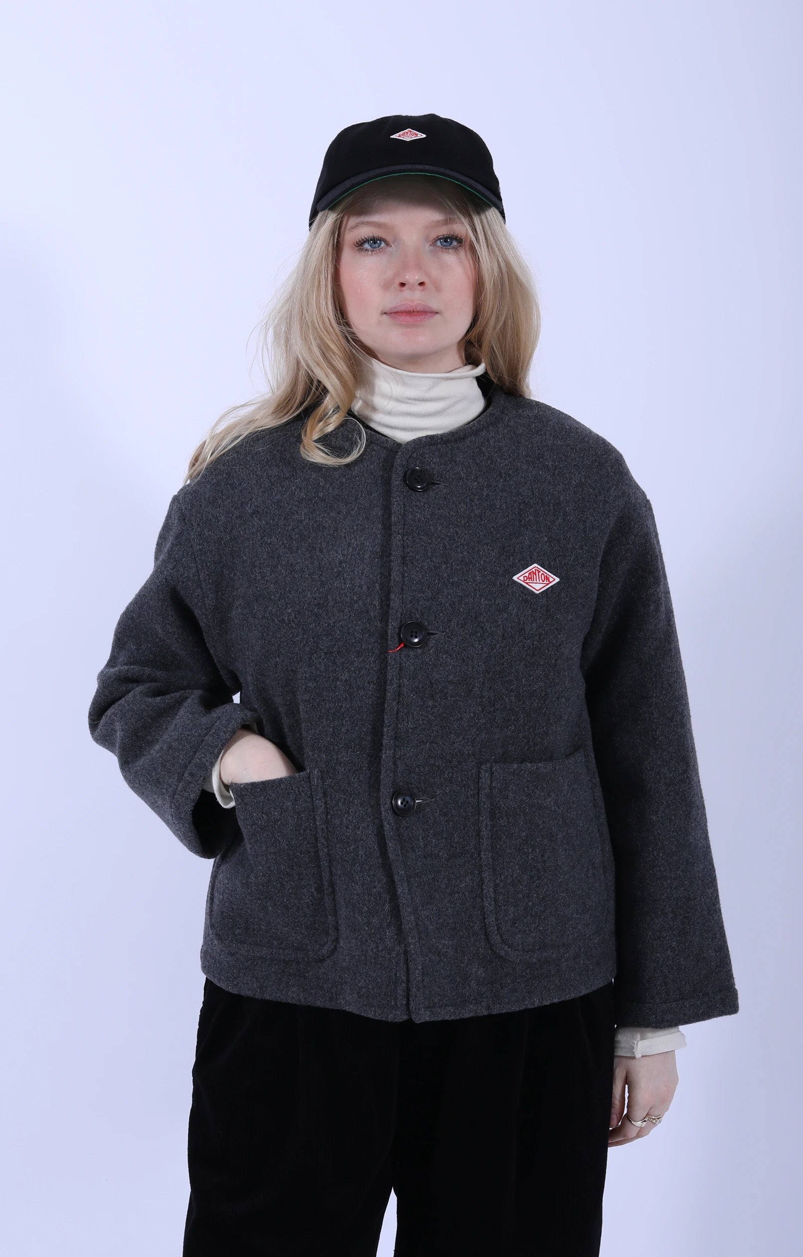 Collarless Jacket Wool Light Pile M.Grey