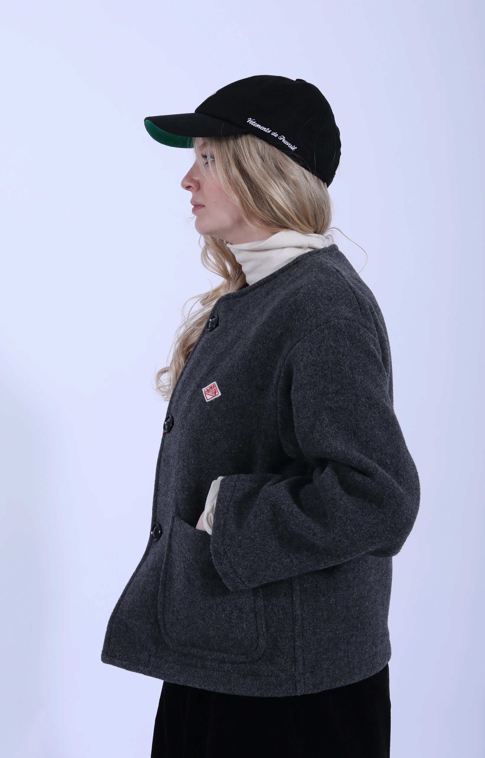 Collarless Jacket Wool Light Pile M.Grey