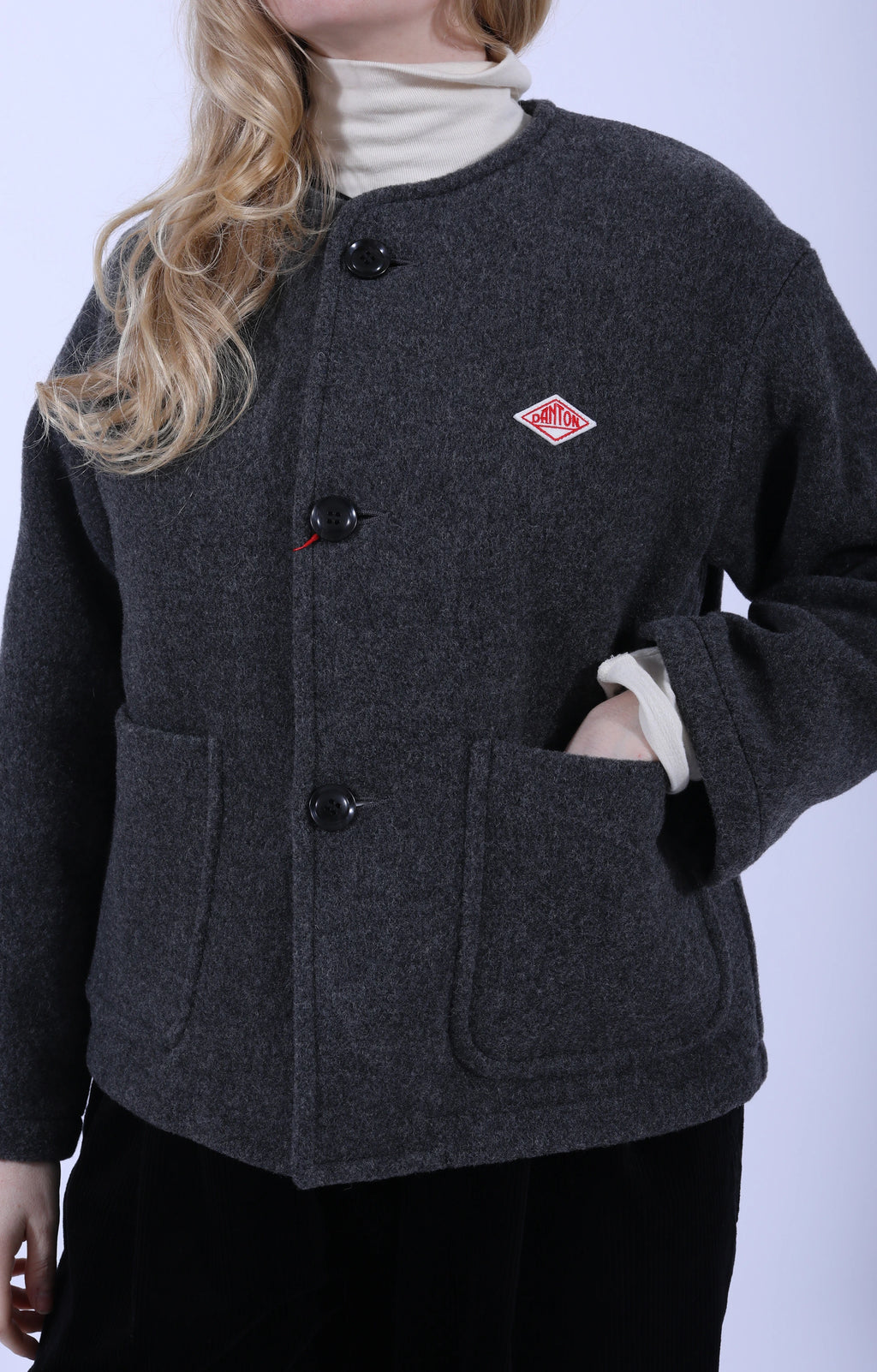 Collarless Jacket Wool Light Pile M.Grey