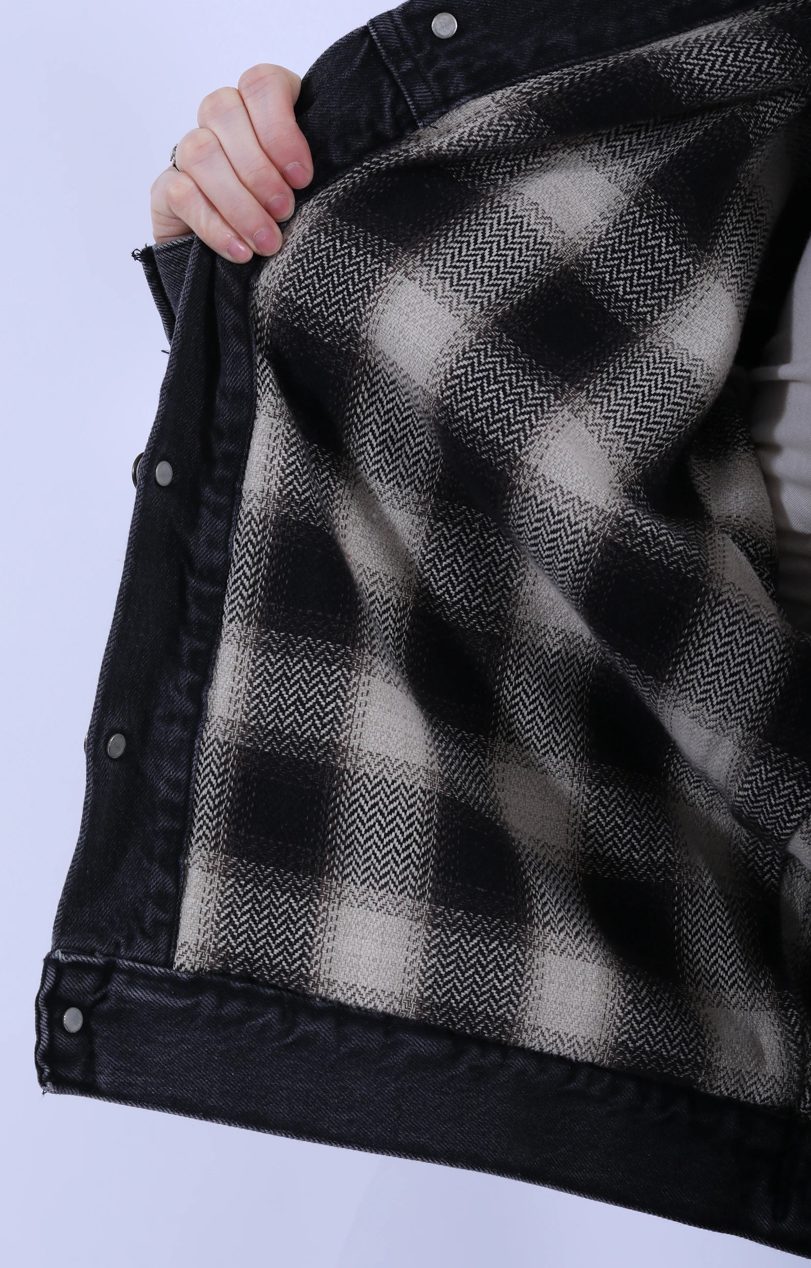 Flannel Check Lined Black Denim Jacket