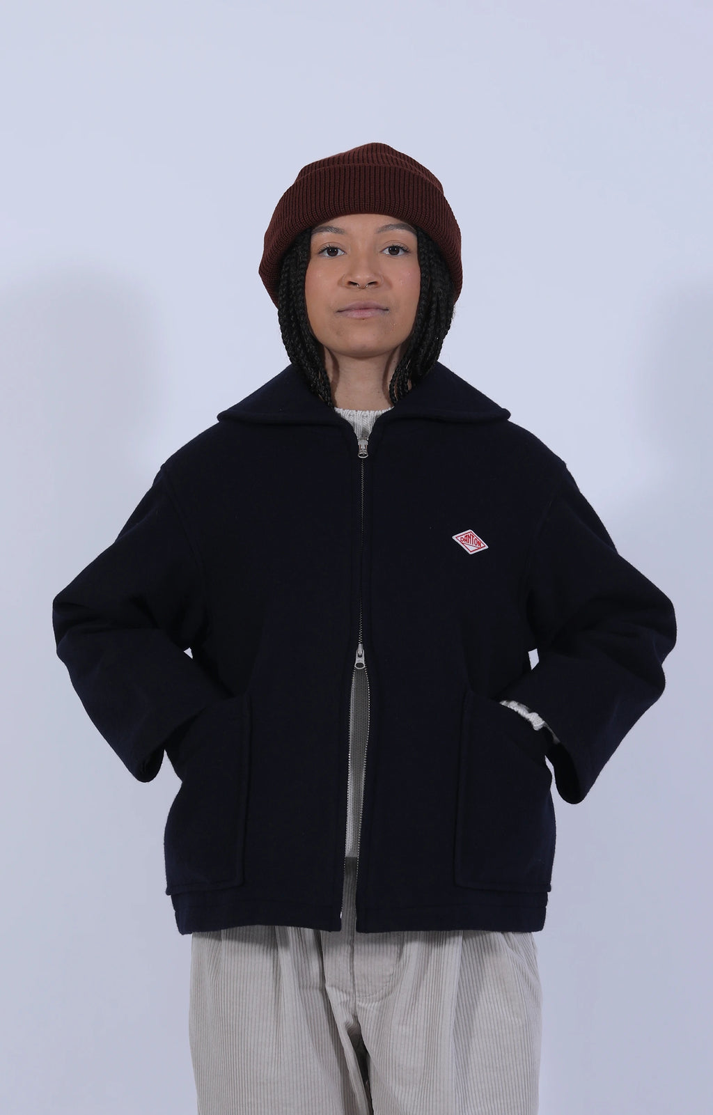 Wool Melton Round Collar Jacket Navy