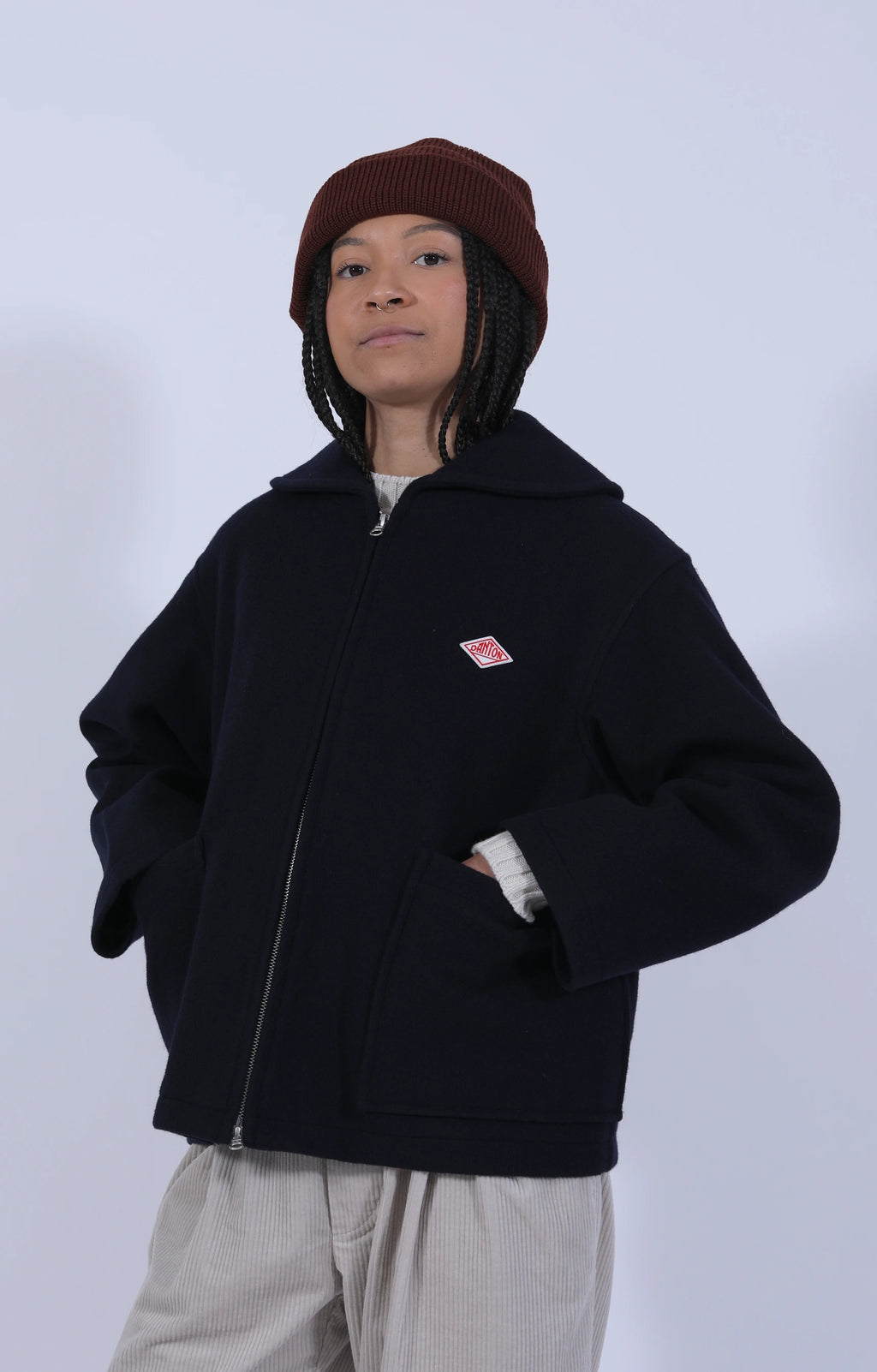 Wool Melton Round Collar Jacket Navy