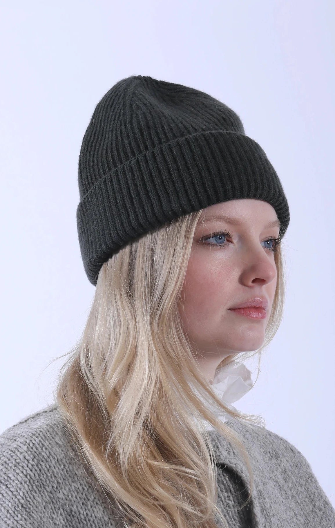 Ribbed Wool/Silk Beanie Army