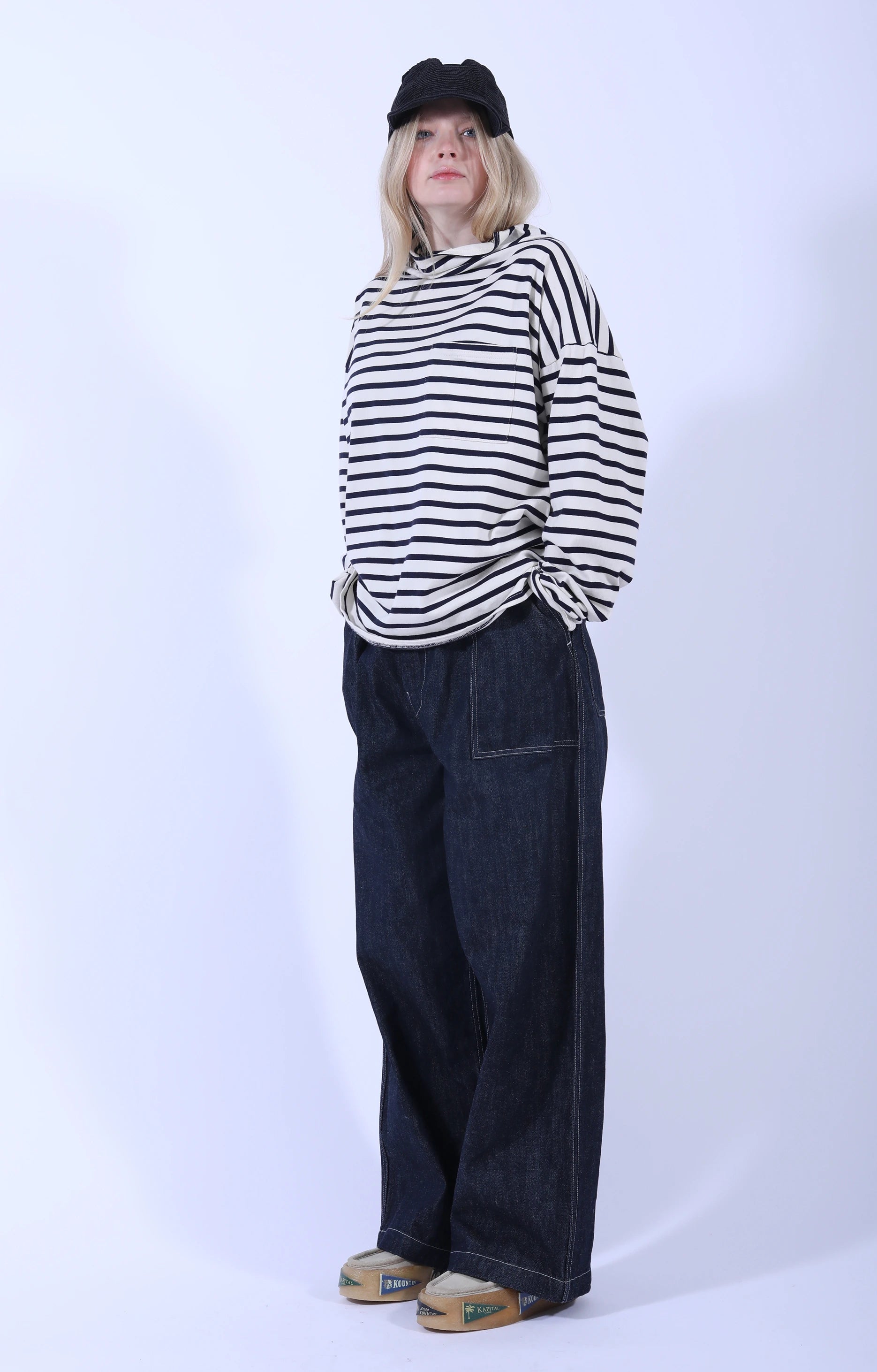 Stripe Knit GANDHI L.S T-Shirt Ecru x Navy