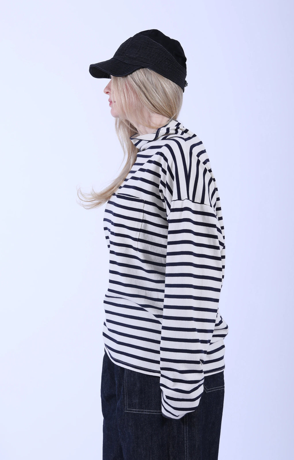 Stripe Knit GANDHI L.S T-Shirt Ecru x Navy