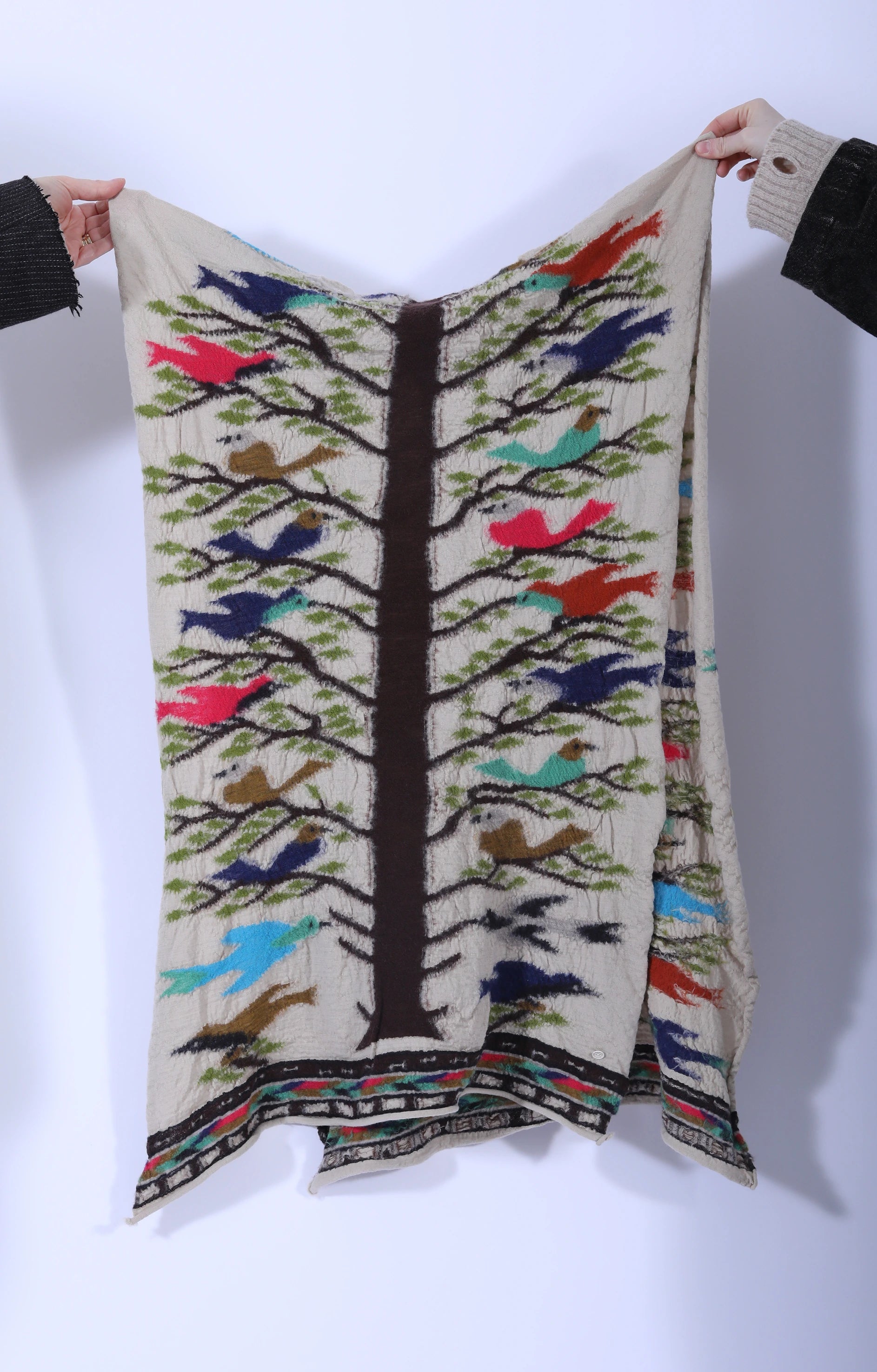 Fulling Wool Scarf BIRD TREE Beige