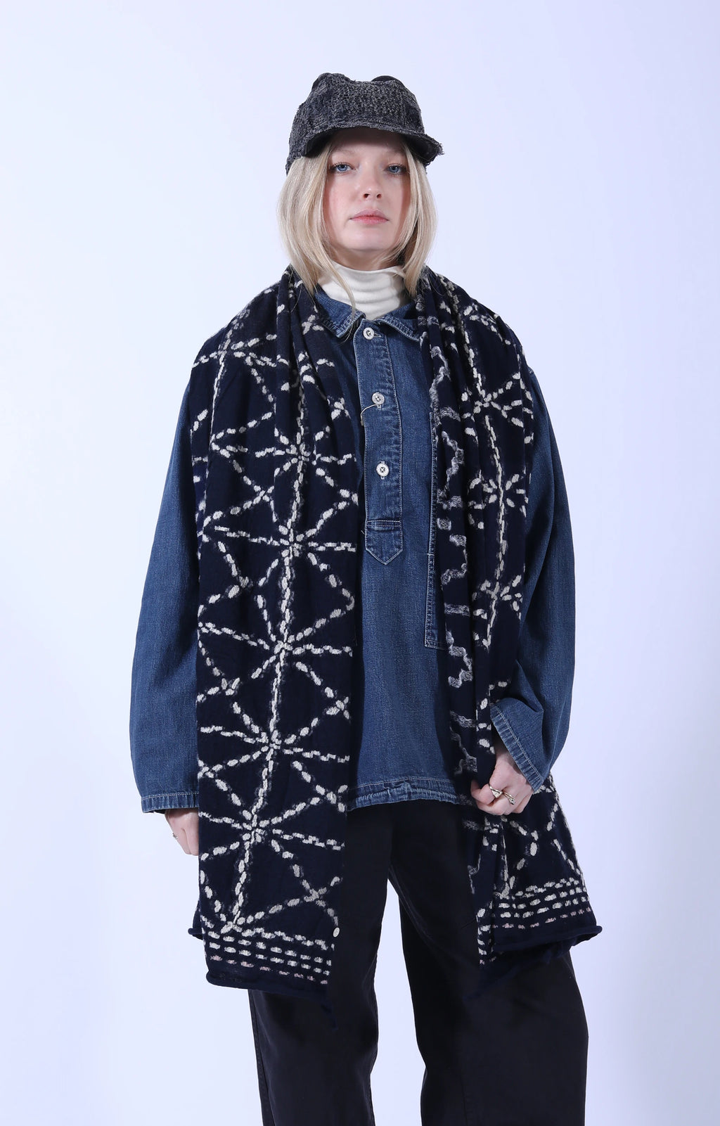 Fulling Wool Scarf SASHIKO Navy