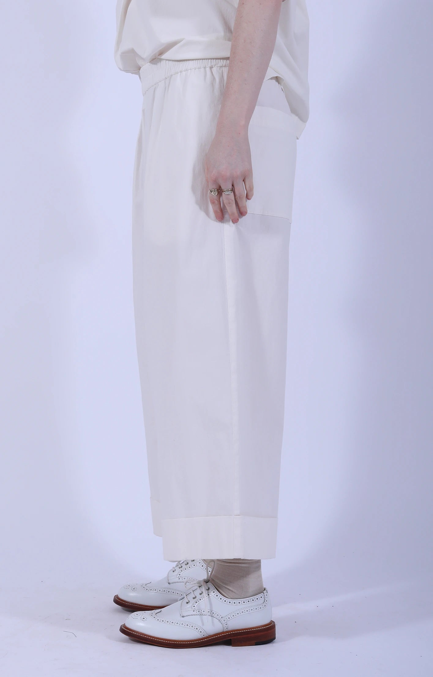 Cream White Cuffed Hems Pant