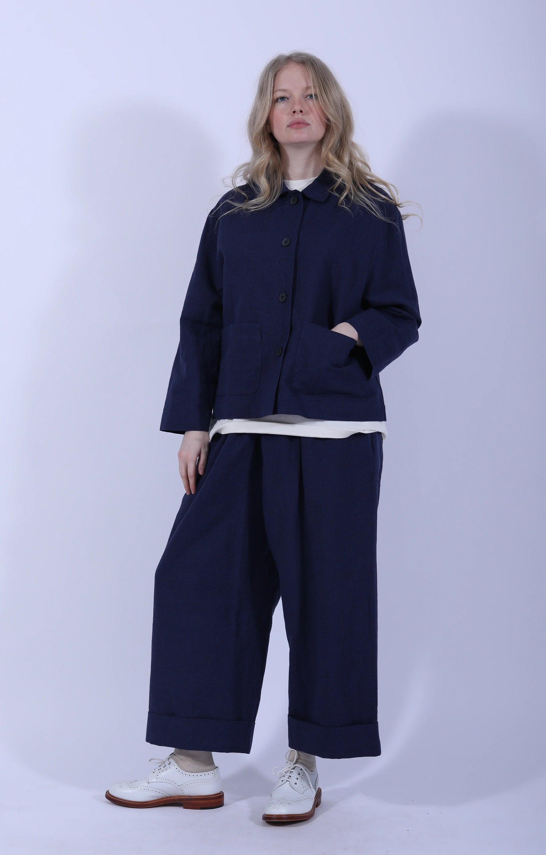 Indigo Gingham Cuffed Hems Pant