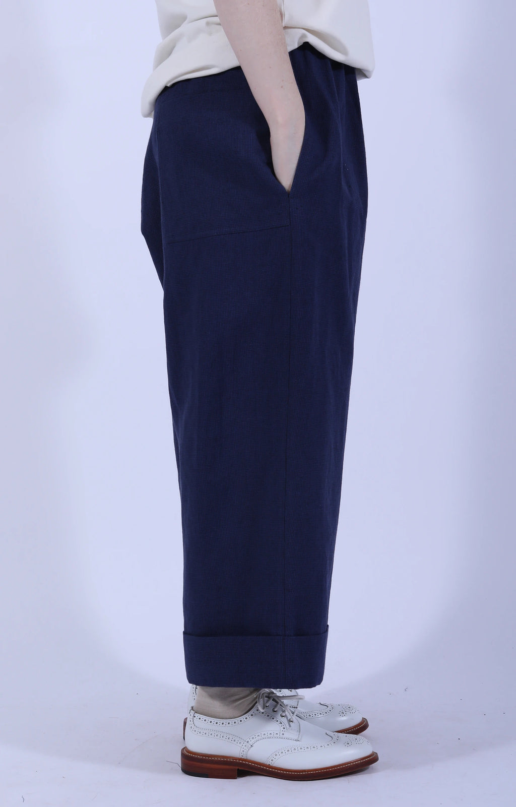 Indigo Gingham Cuffed Hems Pant
