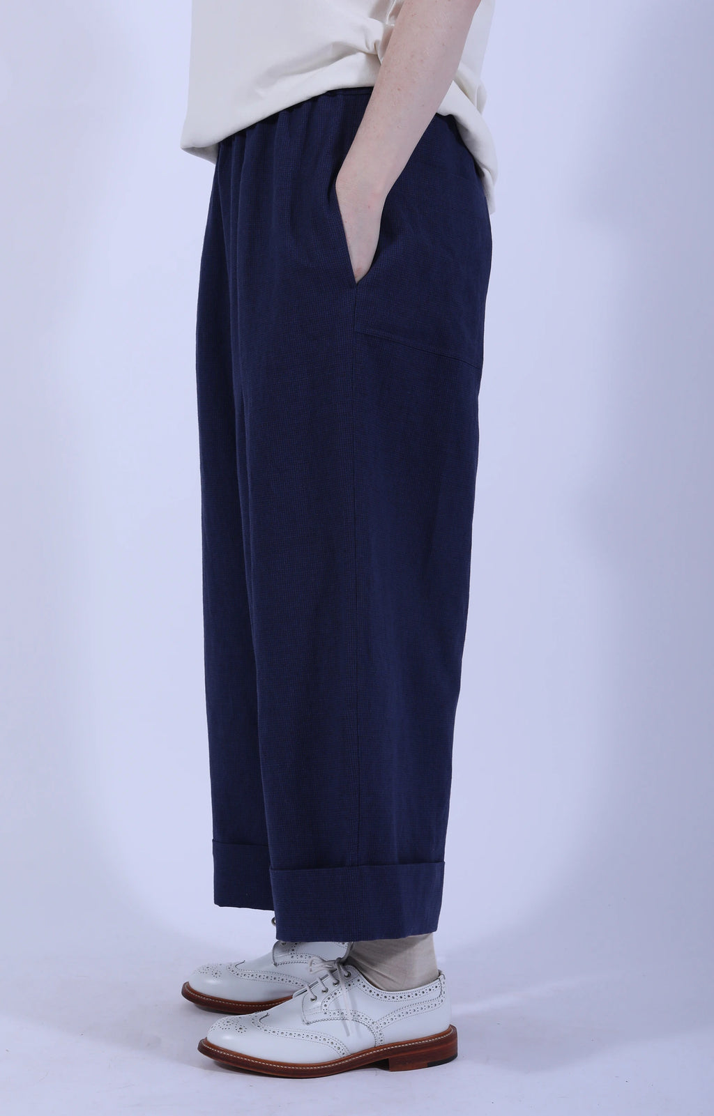 Indigo Gingham Cuffed Hems Pant