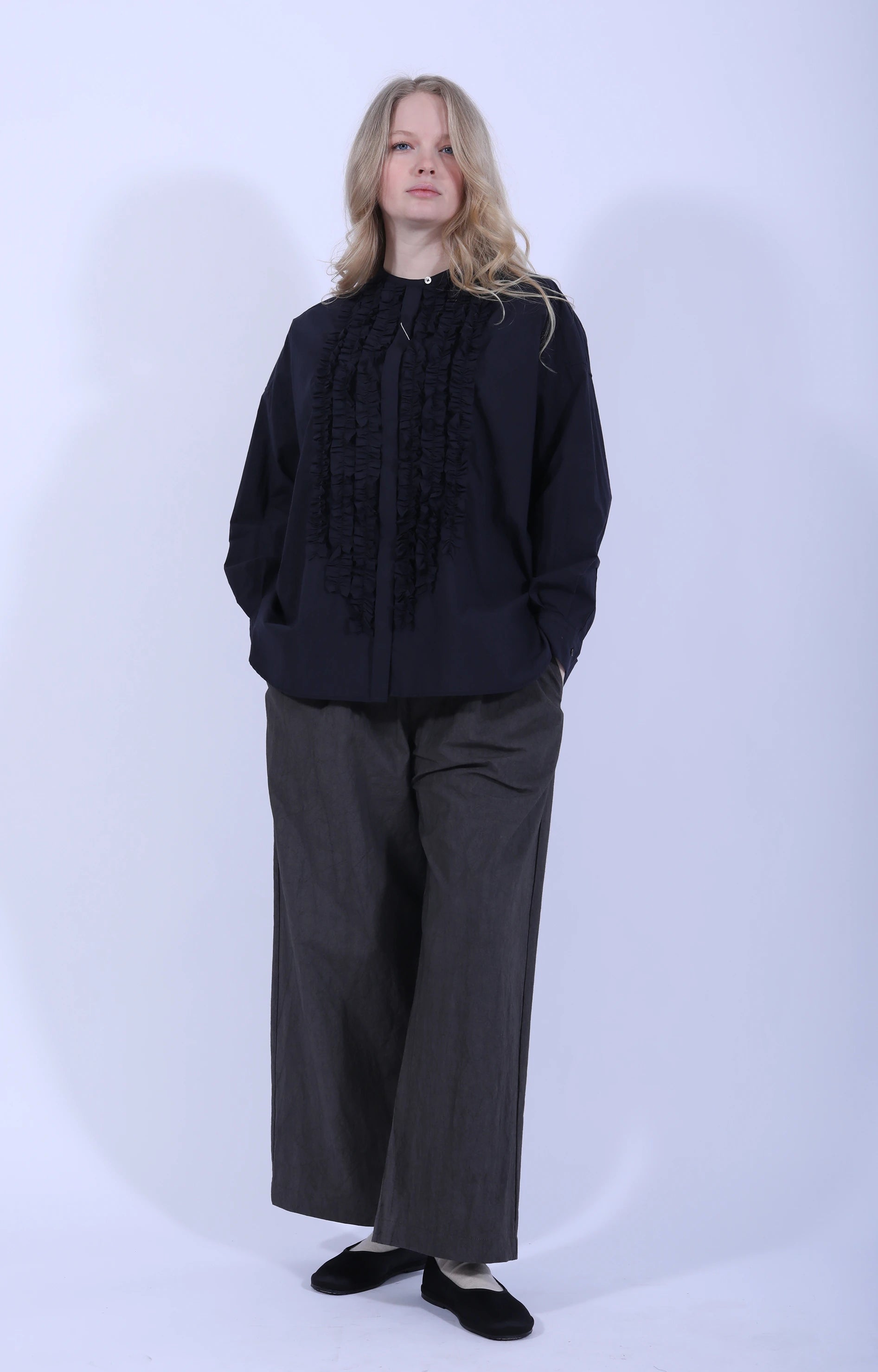 Cotton Frill Wide Shirt Navy
