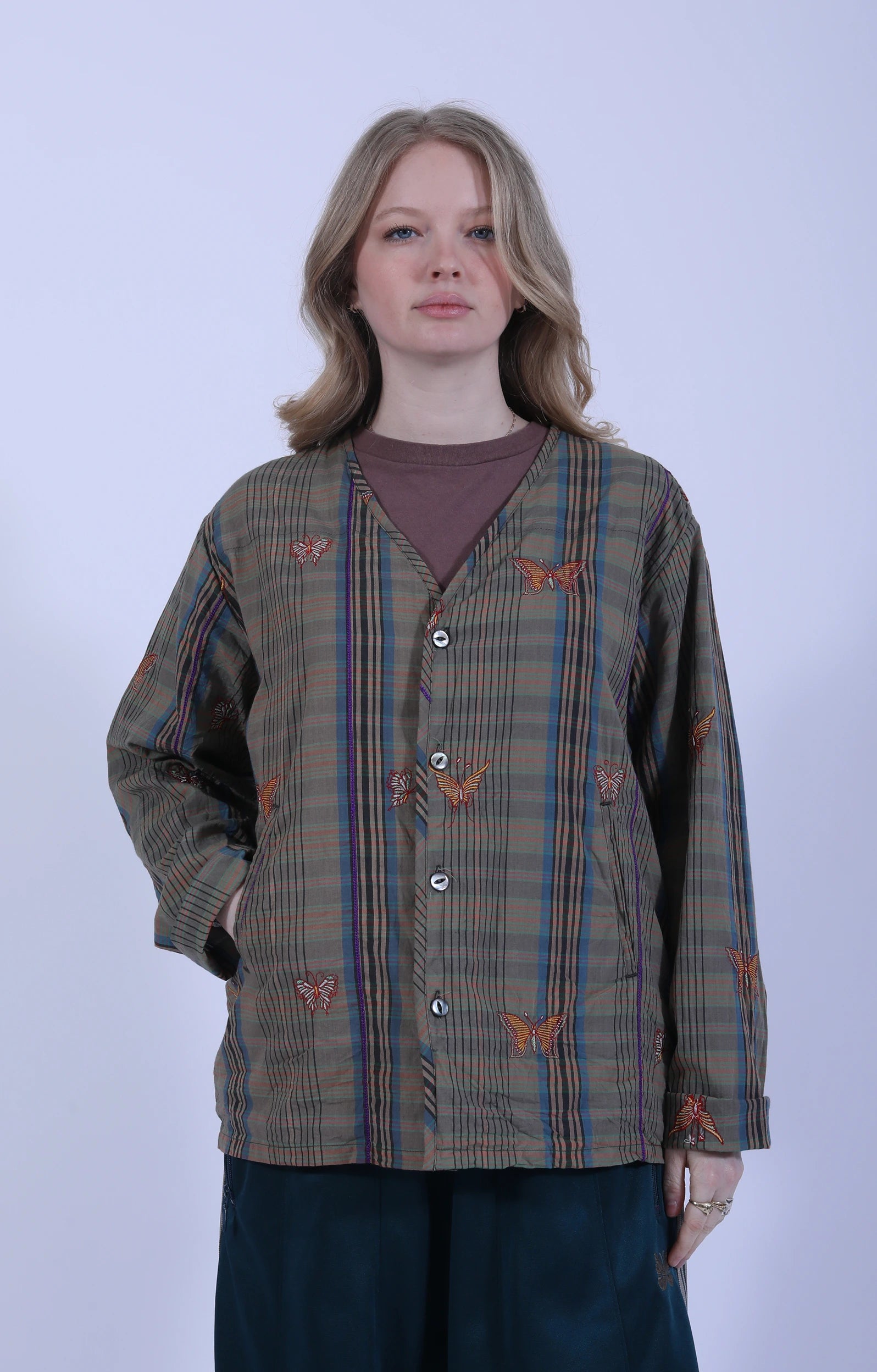 V-Neck Cardigan Madras Green