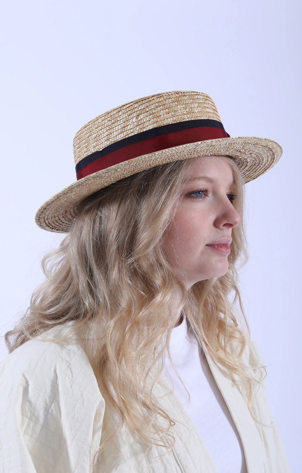 Straw Boater Hat Natural/Navy-Wine