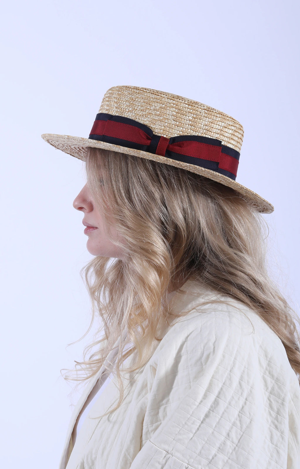 Straw Boater Hat Natural/Navy-Wine