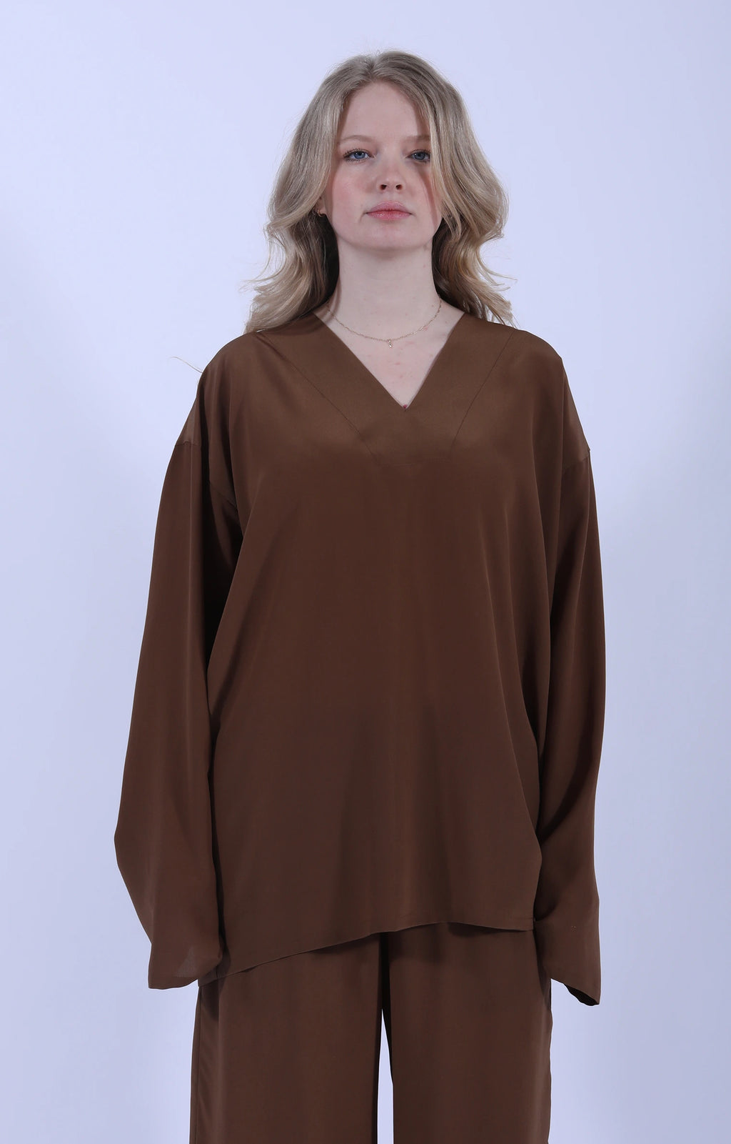 Long Sleeve V-Neck LOL Brown Silk