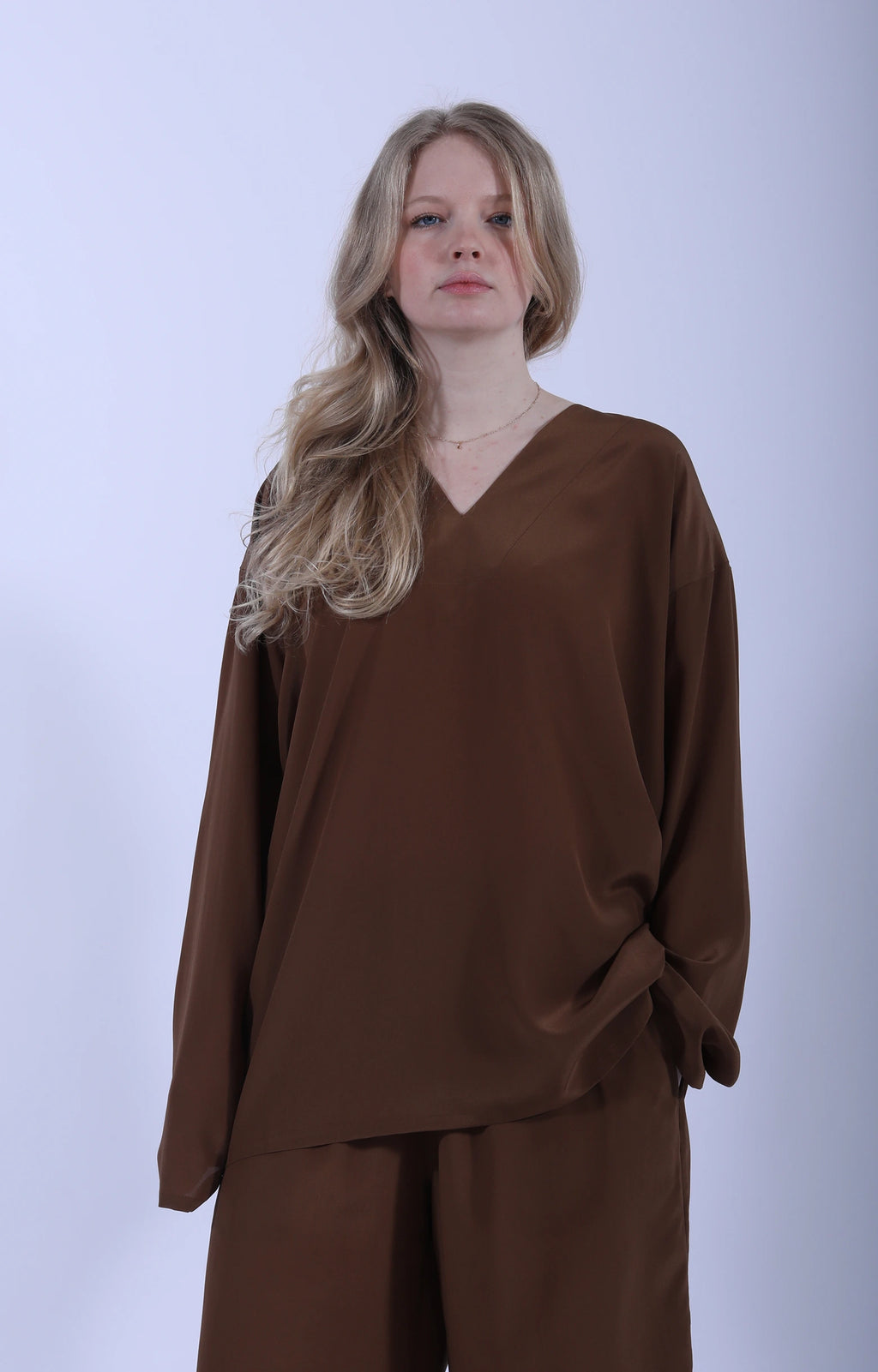 Long Sleeve V-Neck LOL Brown Silk