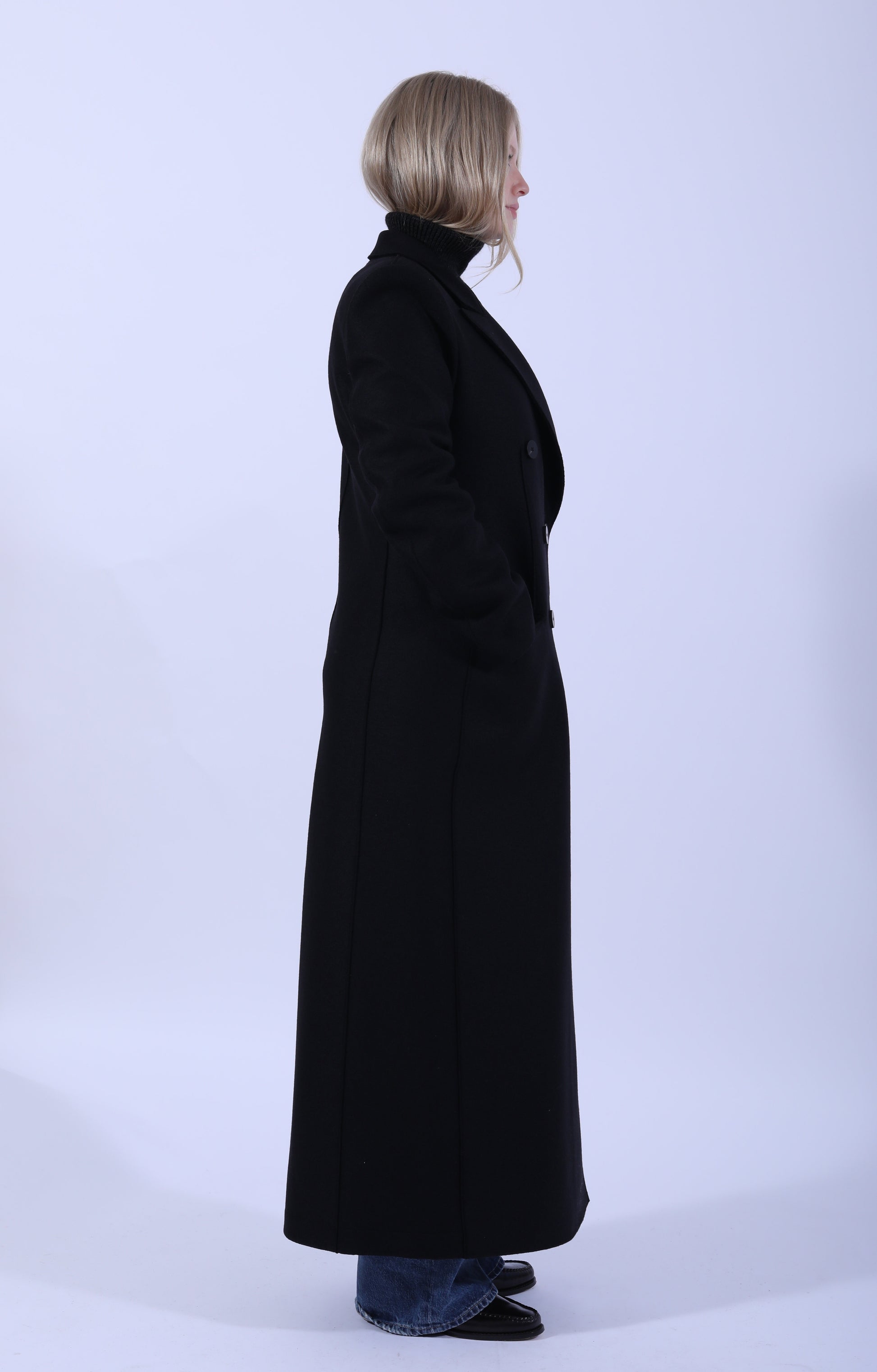 Long Double Breasted Tailored Coat Black