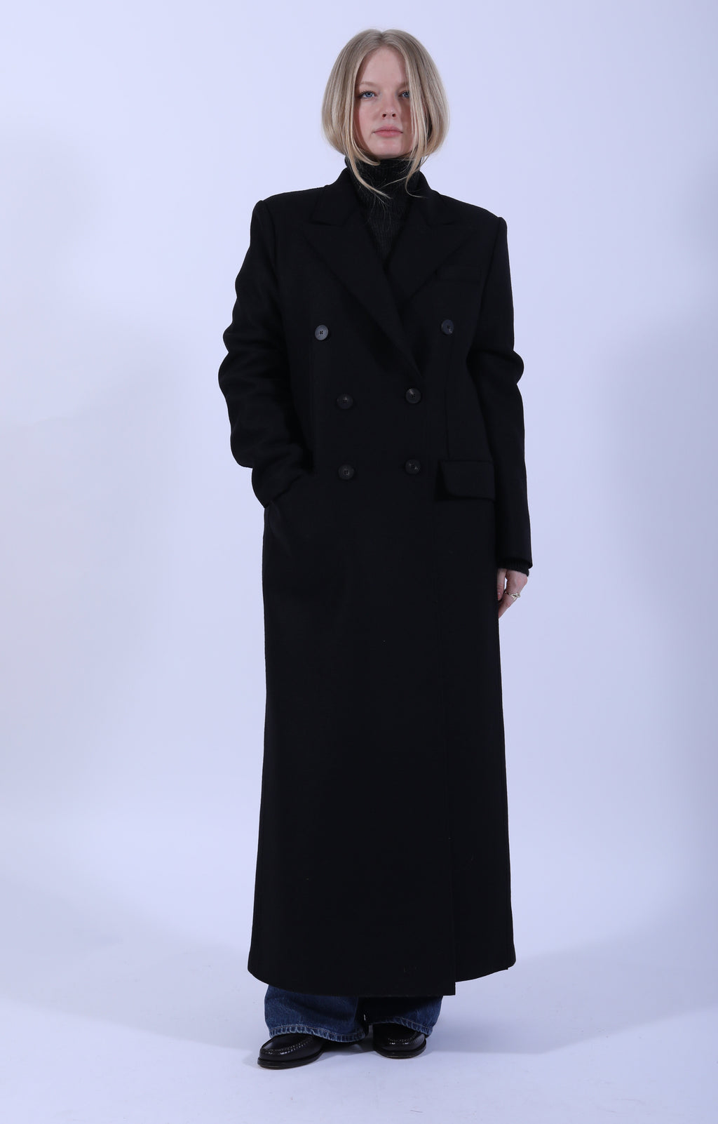 Long Double Breasted Tailored Coat Black