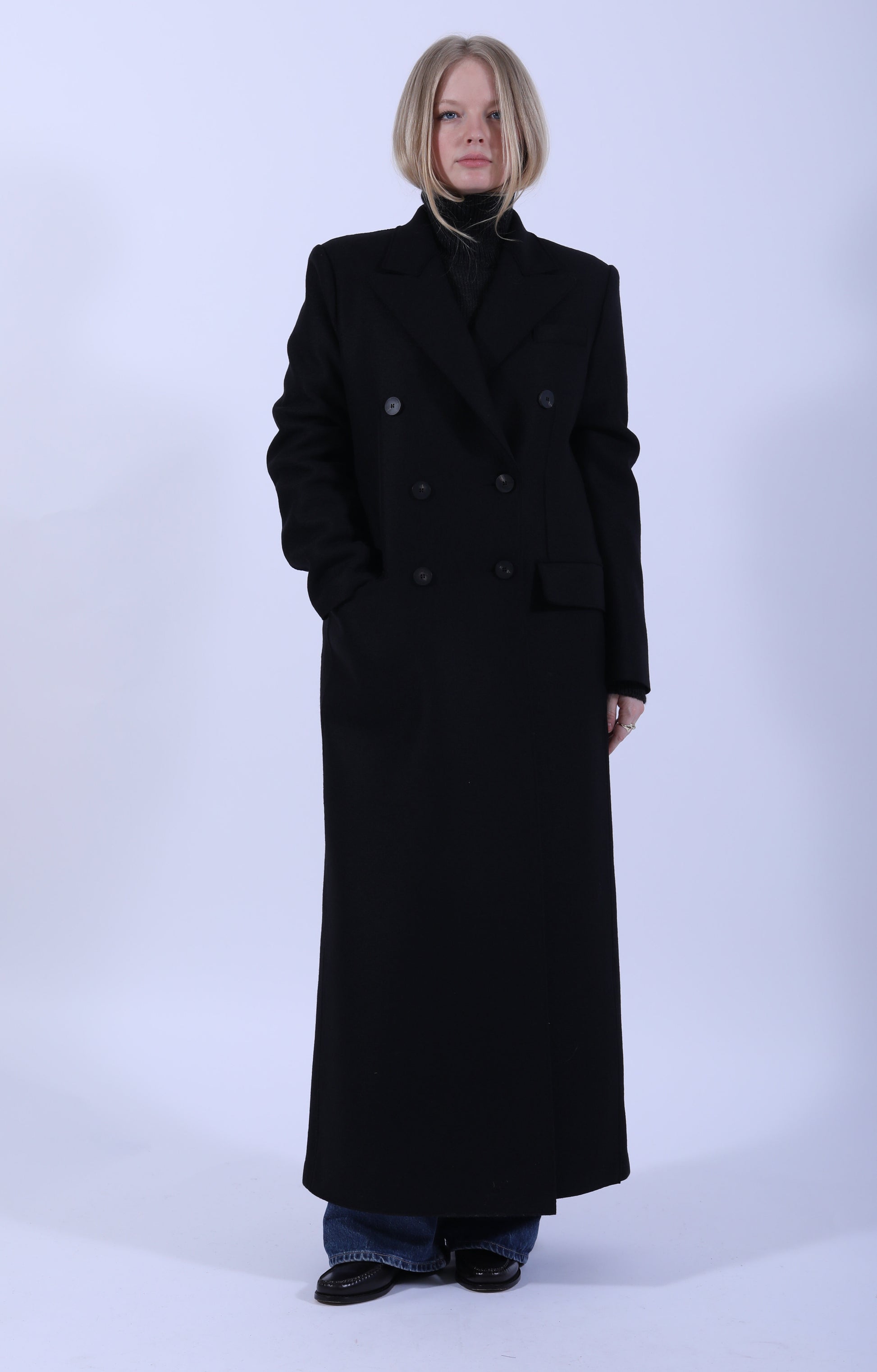 Long Double Breasted Tailored Coat Black